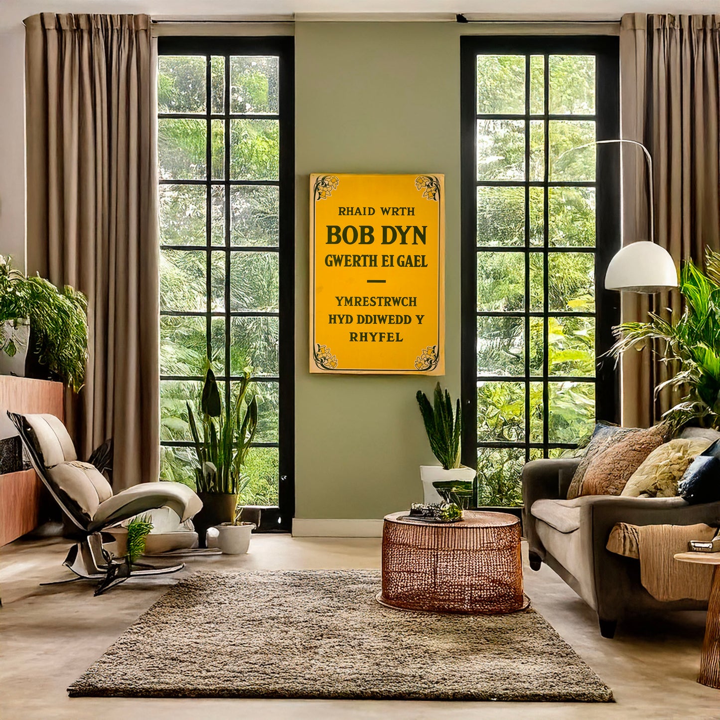 A picture of Rhaid wrth bob dyn gwerth ei gael--Ymrestrwch hyd ddiwedd y rhyfel, a mockup of the print leaning against a wall