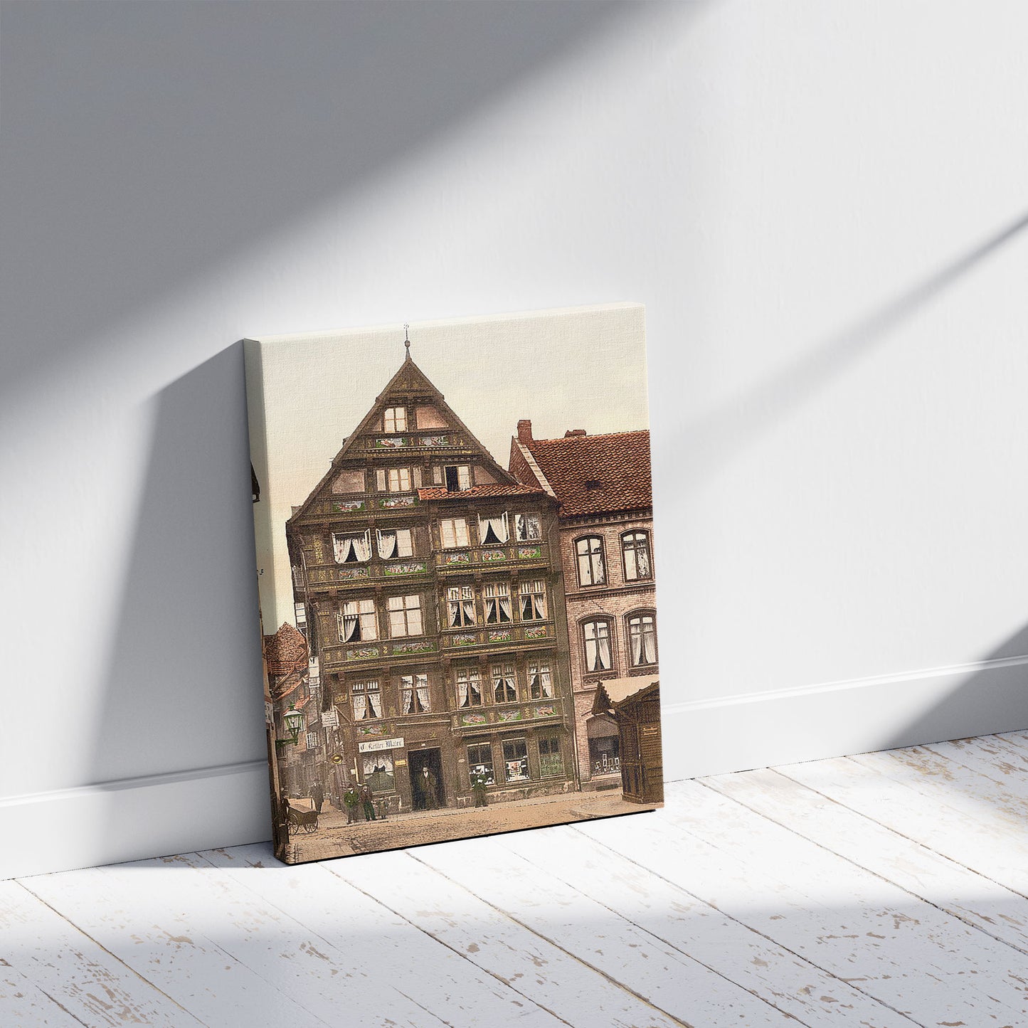 A picture of Roland's Hospital, Hildesheim, Hanover, Germany, a mockup of the print leaning against a wall