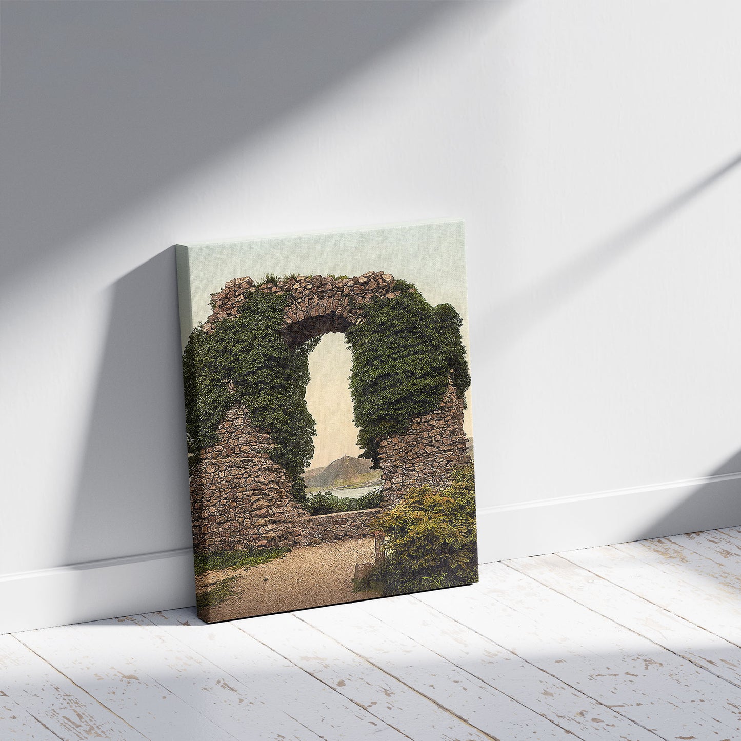 A picture of Rolandsbogen, Rolandseck, the Rhine, Germany, a mockup of the print leaning against a wall