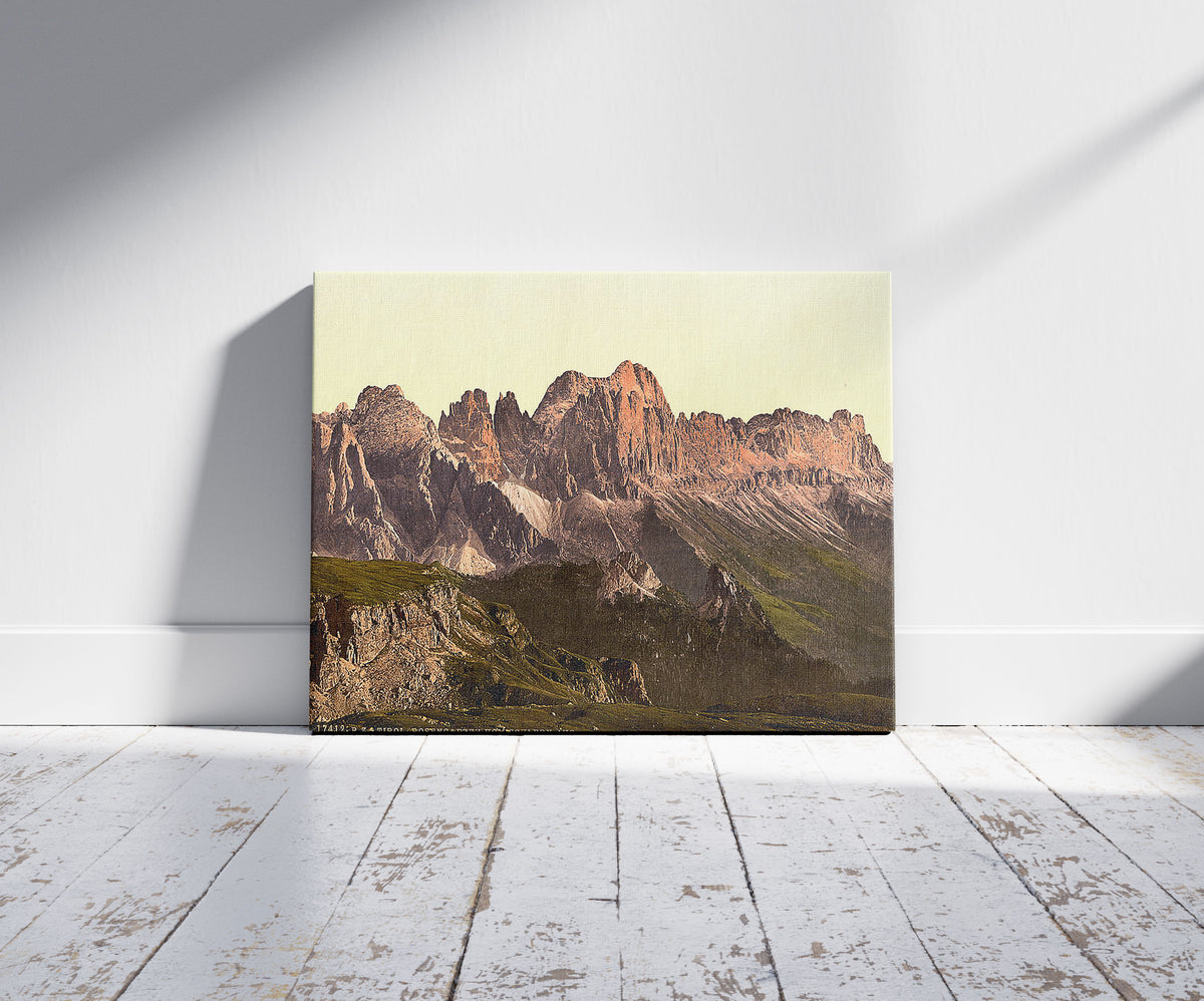 A picture of Rosengarten Group from Schlern, Tyrol, Austro-Hungary, a mockup of the print leaning against a wall
