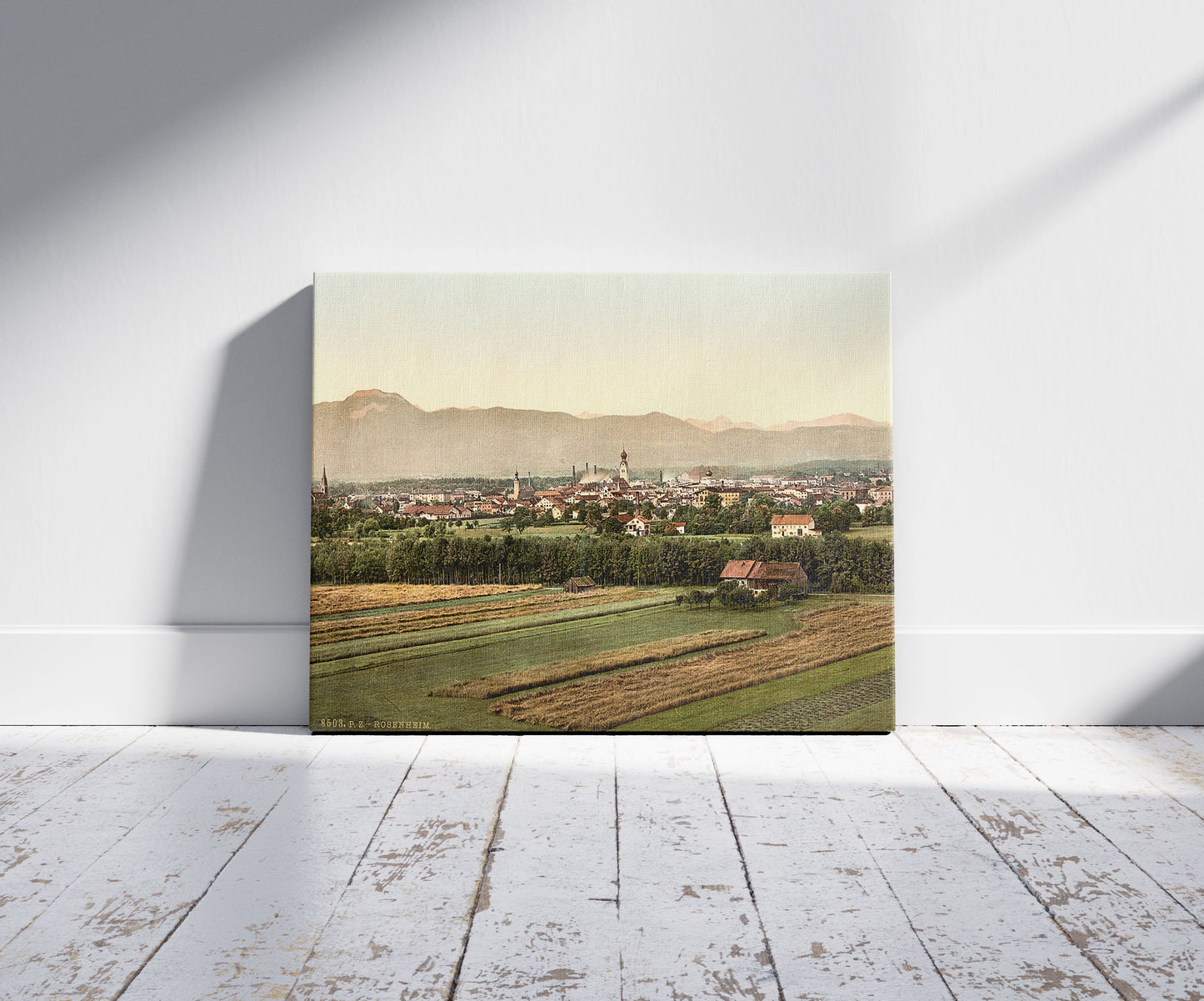 A picture of Rosenheim, general view, Upper Bavaria, Germany, a mockup of the print leaning against a wall