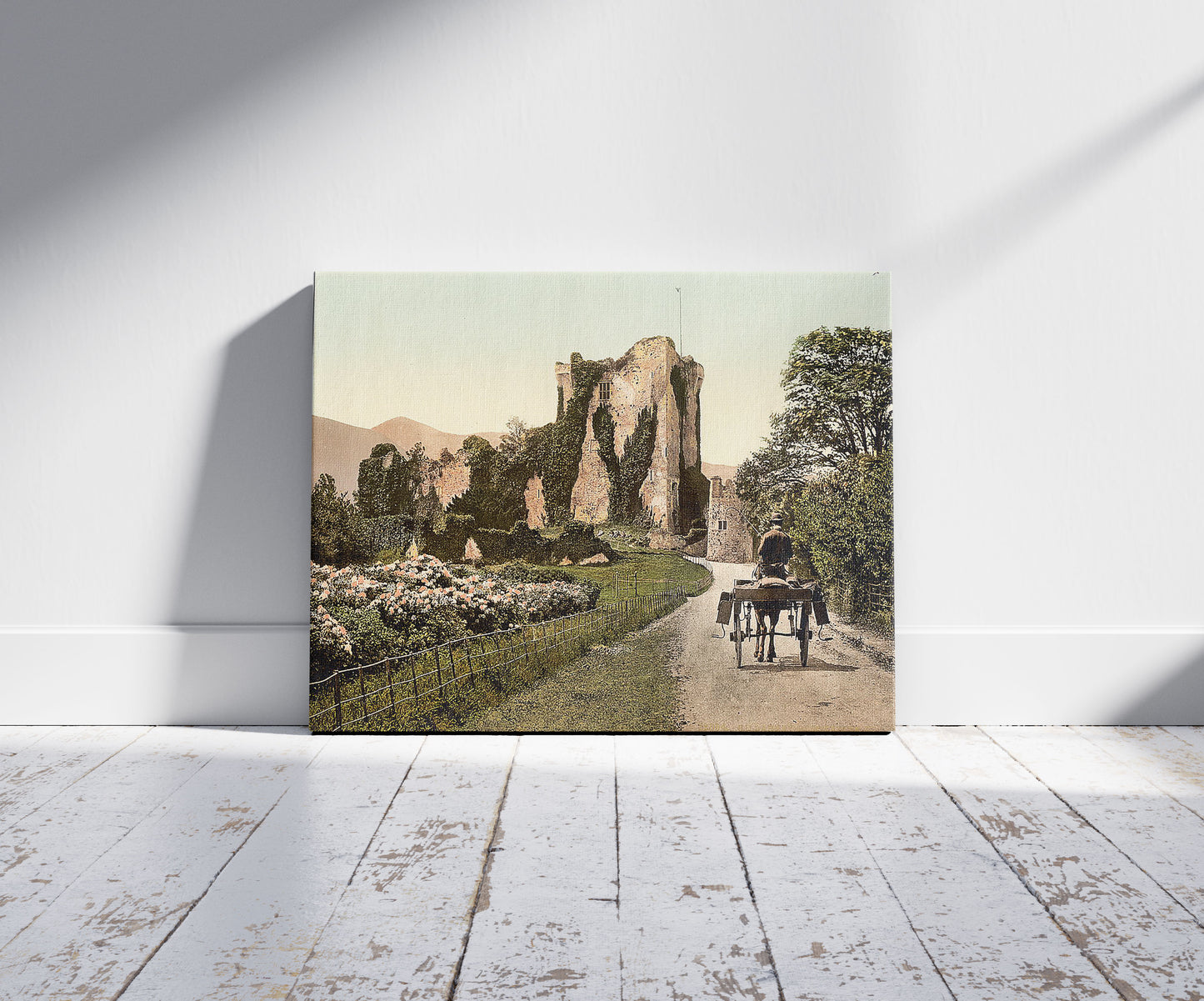 A picture of Ross Castle, II, Killarney. County Kerry, Ireland, a mockup of the print leaning against a wall
