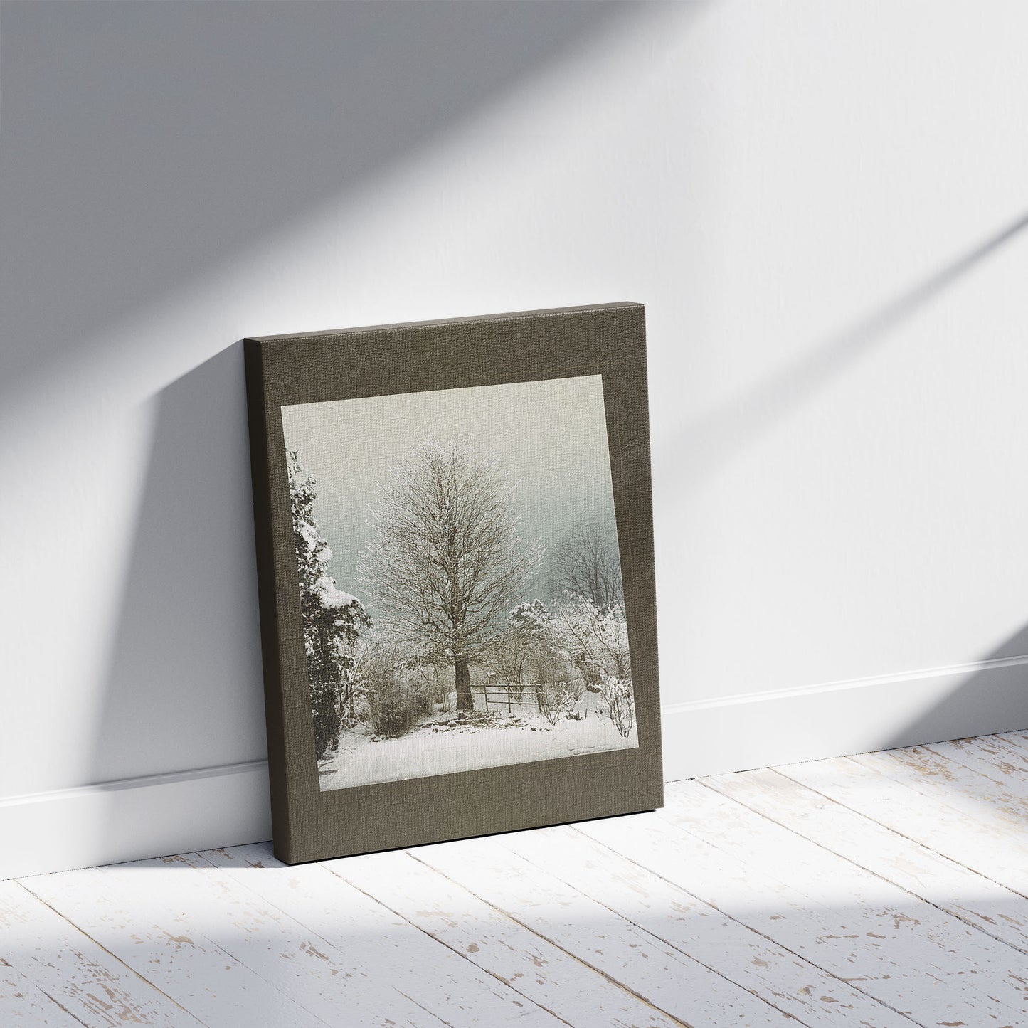 A picture of Rothbuche i. Botan. Garten, Zürich, a mockup of the print leaning against a wall