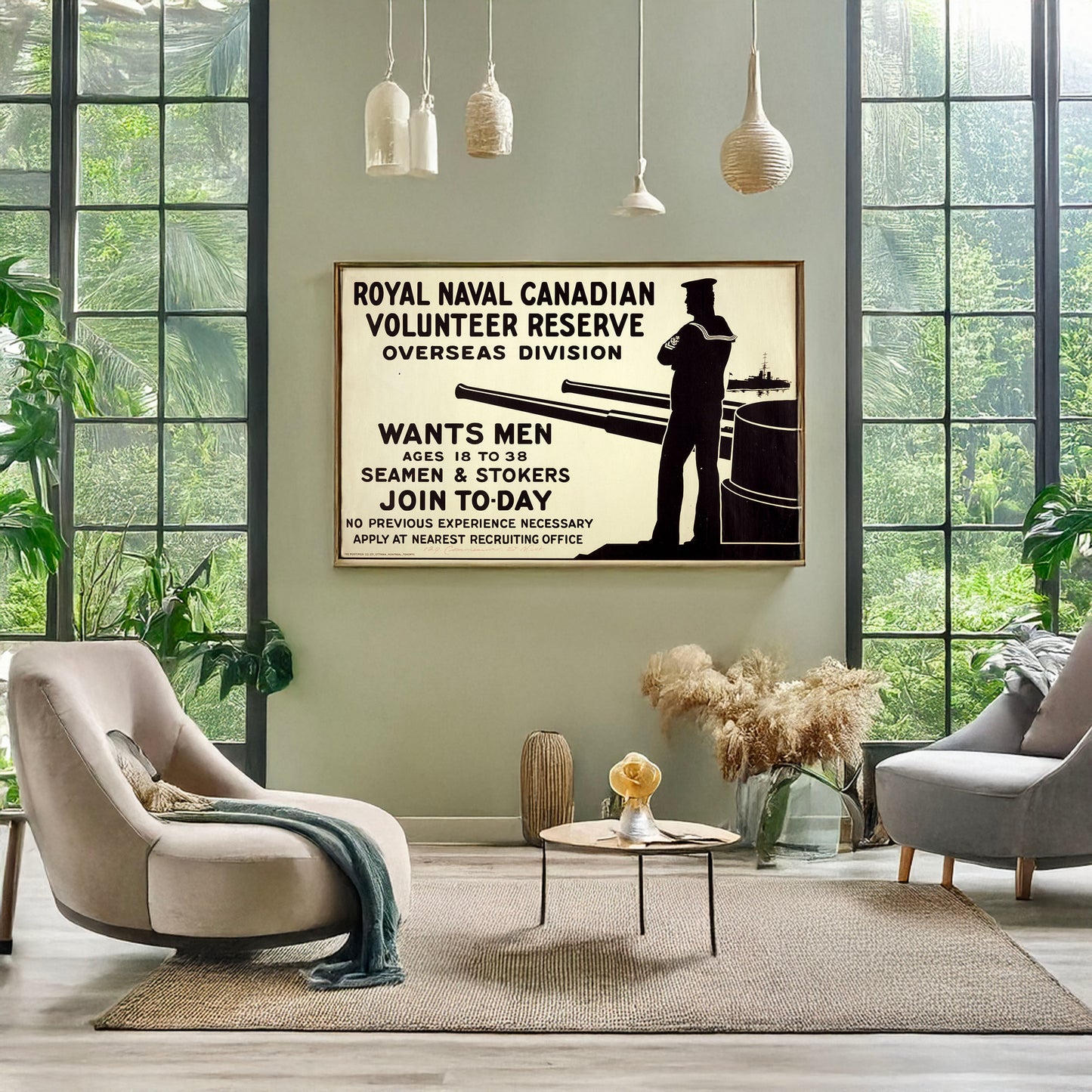 A picture of Royal Naval Canadian Volunteer Reserve Overseas Division wants men ages 18 to 38. Seamen & stokers. Join to-day, a mockup of the print leaning against a wall