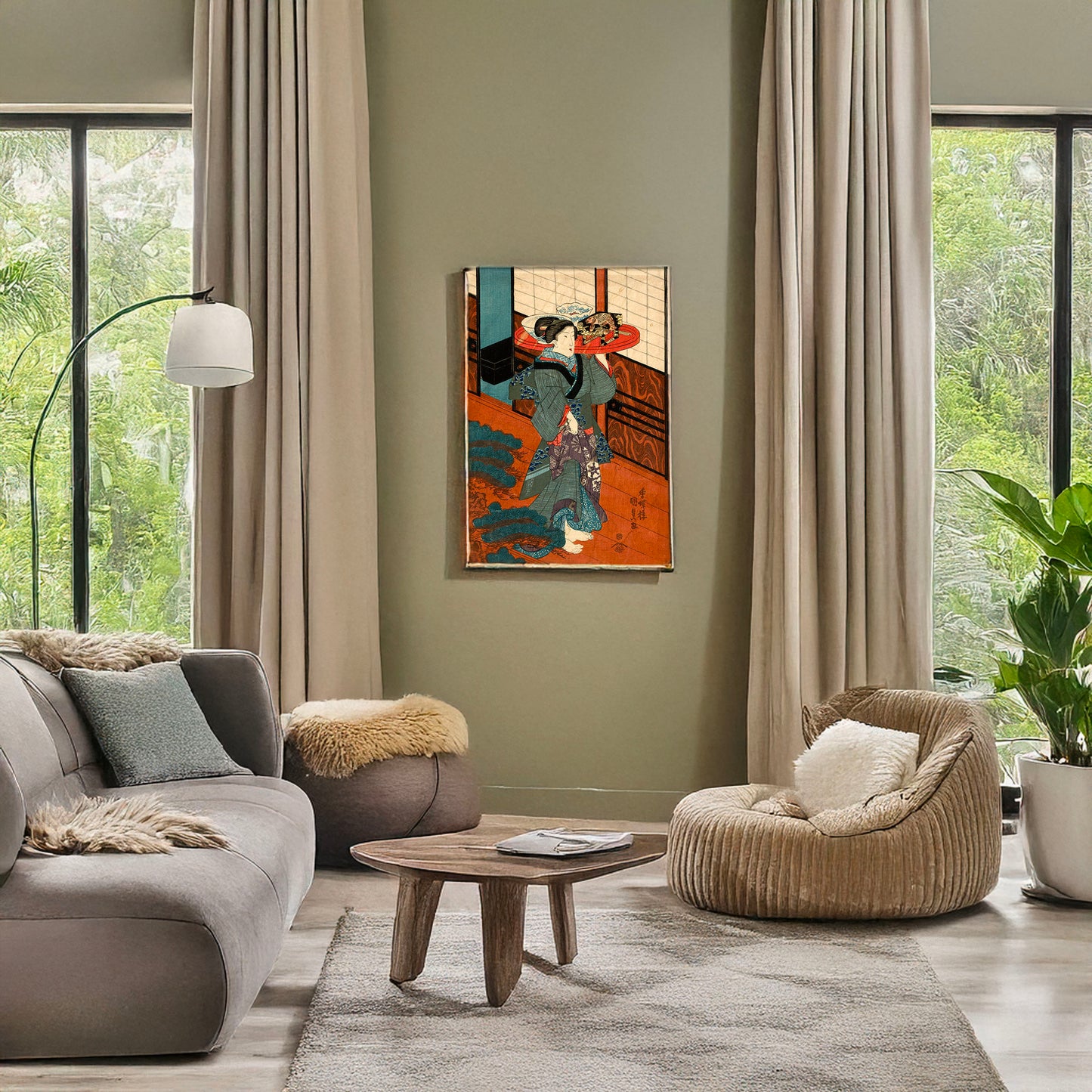 A picture of Ryōri o hakobu nakai, a mockup of the print leaning against a wall