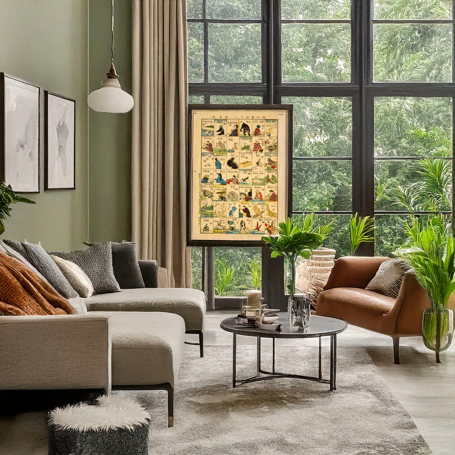 A picture of Ryūkō eigo zukushi, a mockup of the print leaning against a wall
