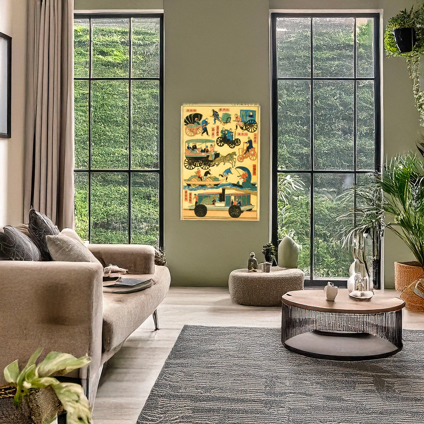 A picture of Ryūkō kuruma zukushi, a mockup of the print leaning against a wall