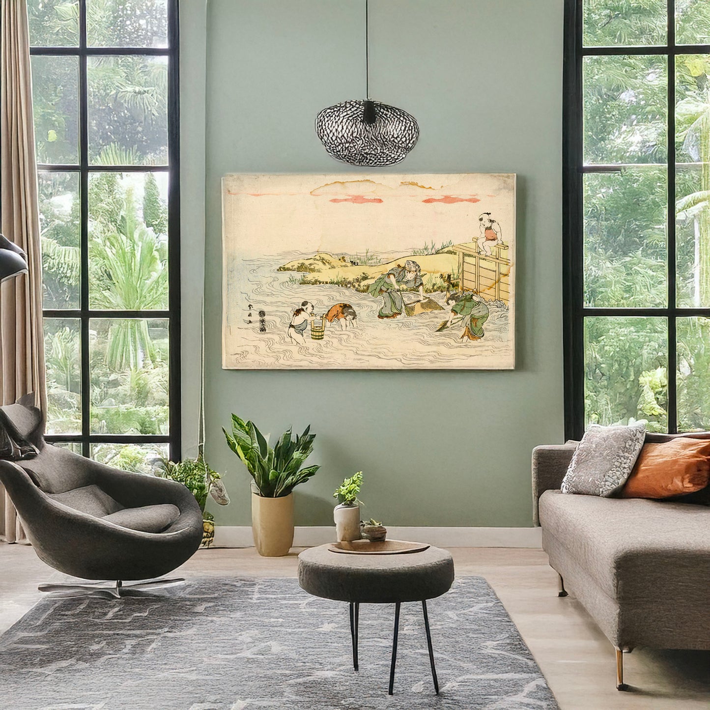 A picture of Sakana sukui, a mockup of the print leaning against a wall