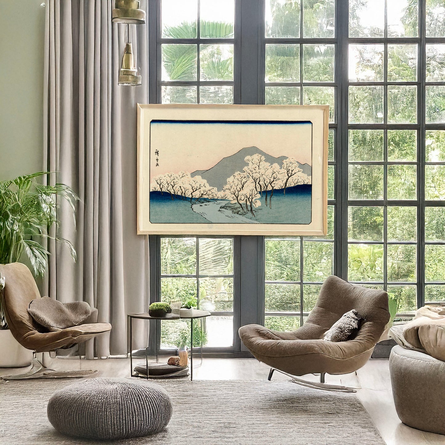 A picture of Sakura namiki zu, a mockup of the print leaning against a wall