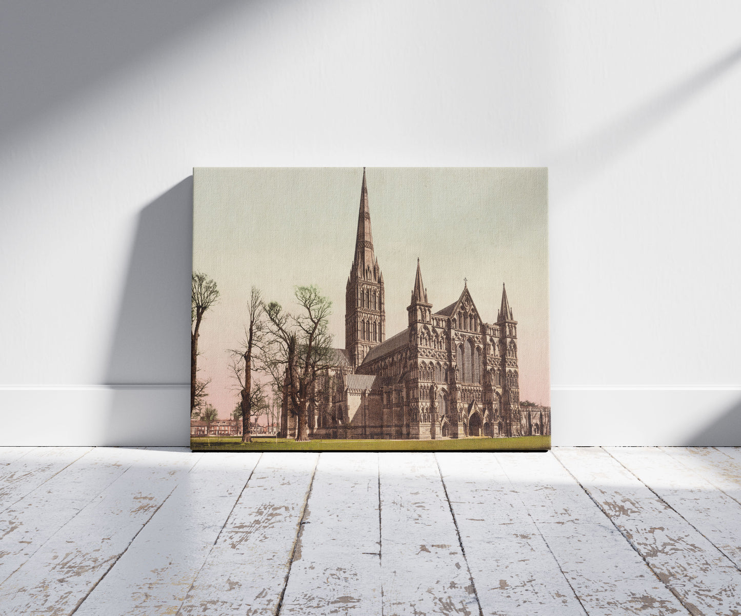 A picture of Salisbury Cathedral, N.W., a mockup of the print leaning against a wall