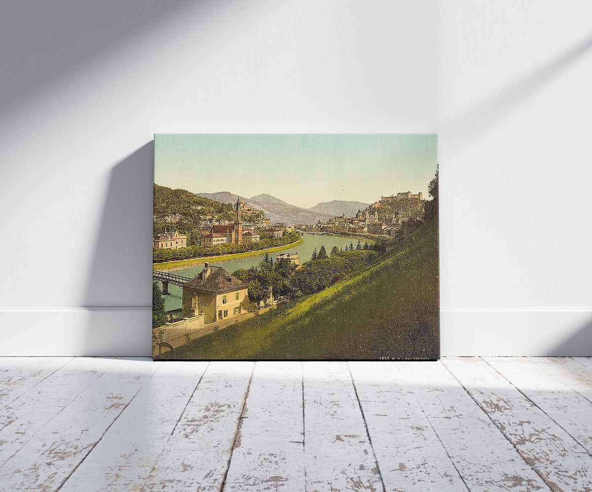 A picture of Salzburg, general view, Austro-Hungary, a mockup of the print leaning against a wall