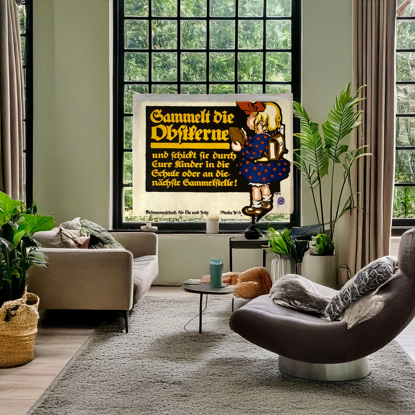 A picture of Sammelt die Obstkerne ..., a mockup of the print leaning against a wall