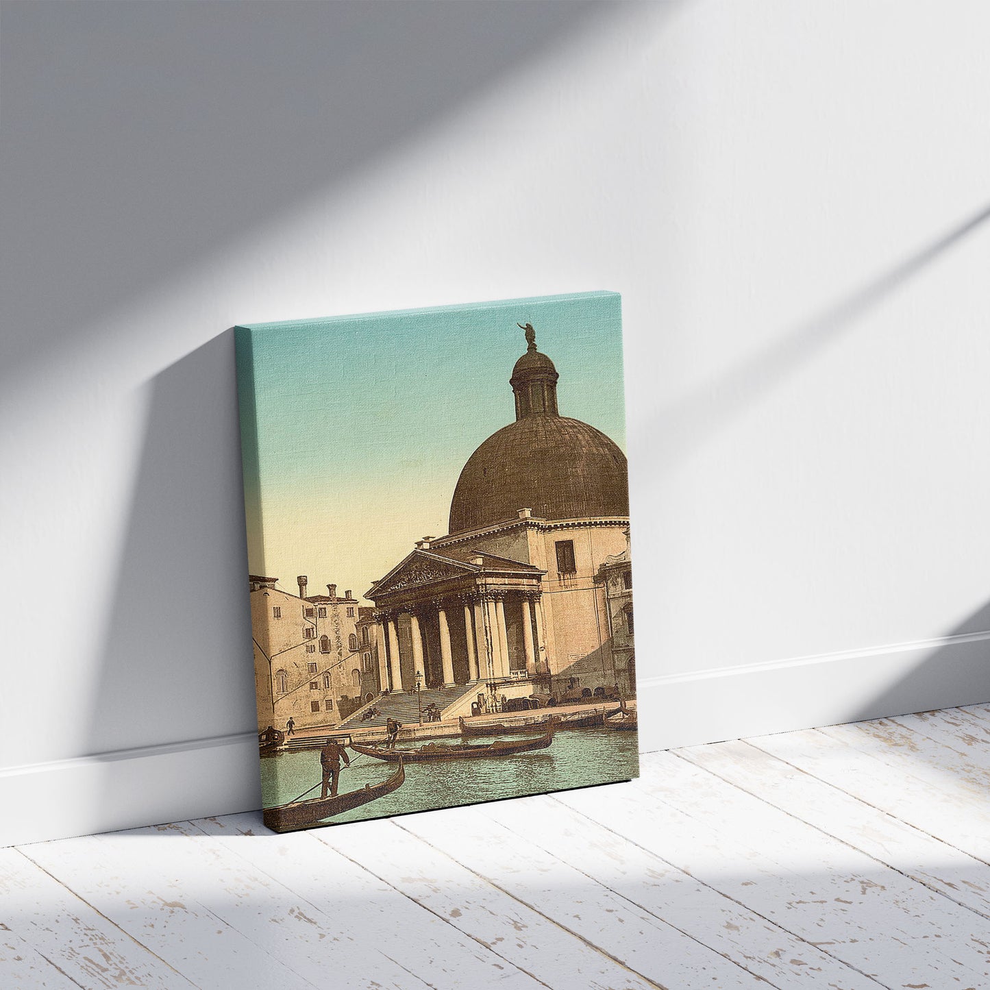 A picture of San Simeone Piccolo, Venice, Italy, a mockup of the print leaning against a wall