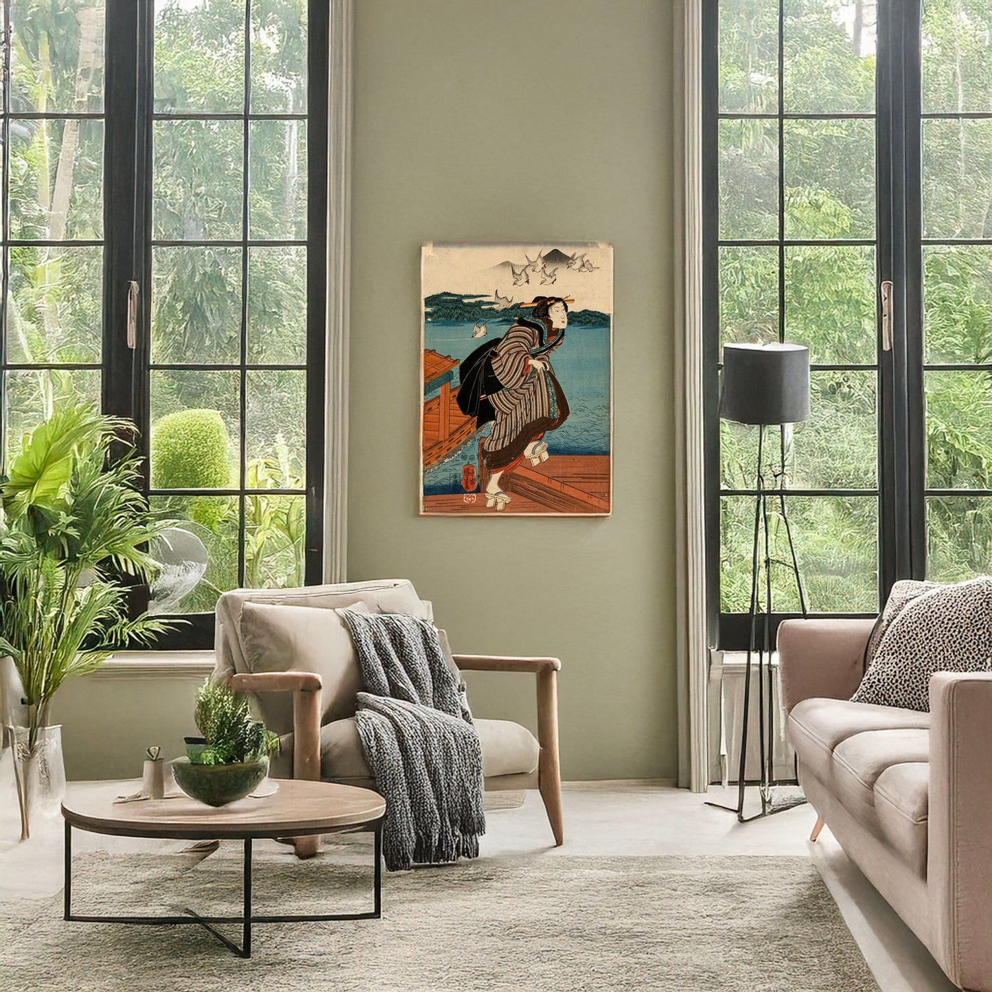 A picture of Sanbashi no onna, a mockup of the print leaning against a wall