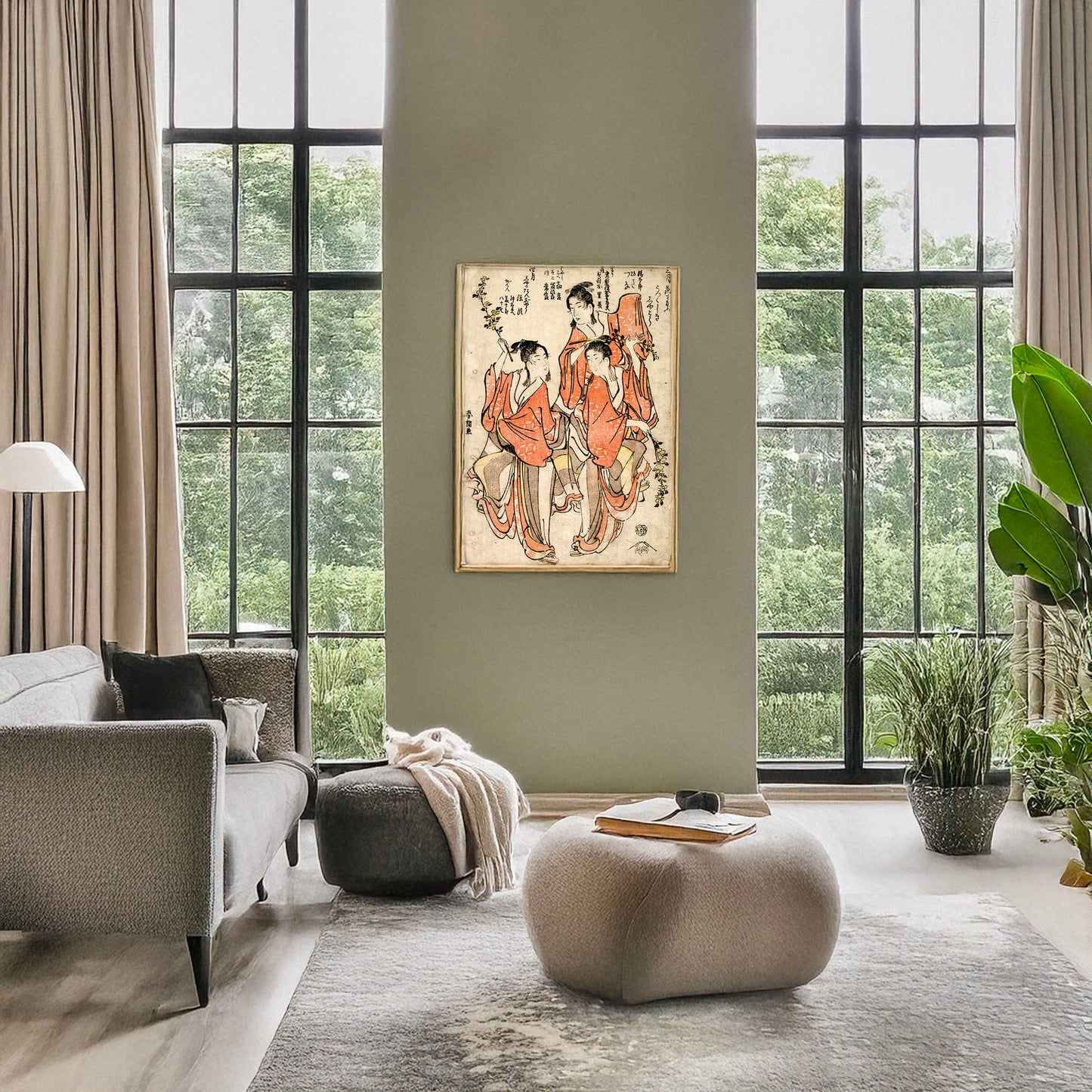A picture of Sangatsuyayoi? hanazumō shigatsuuduki? shaka tanjō, a mockup of the print leaning against a wall