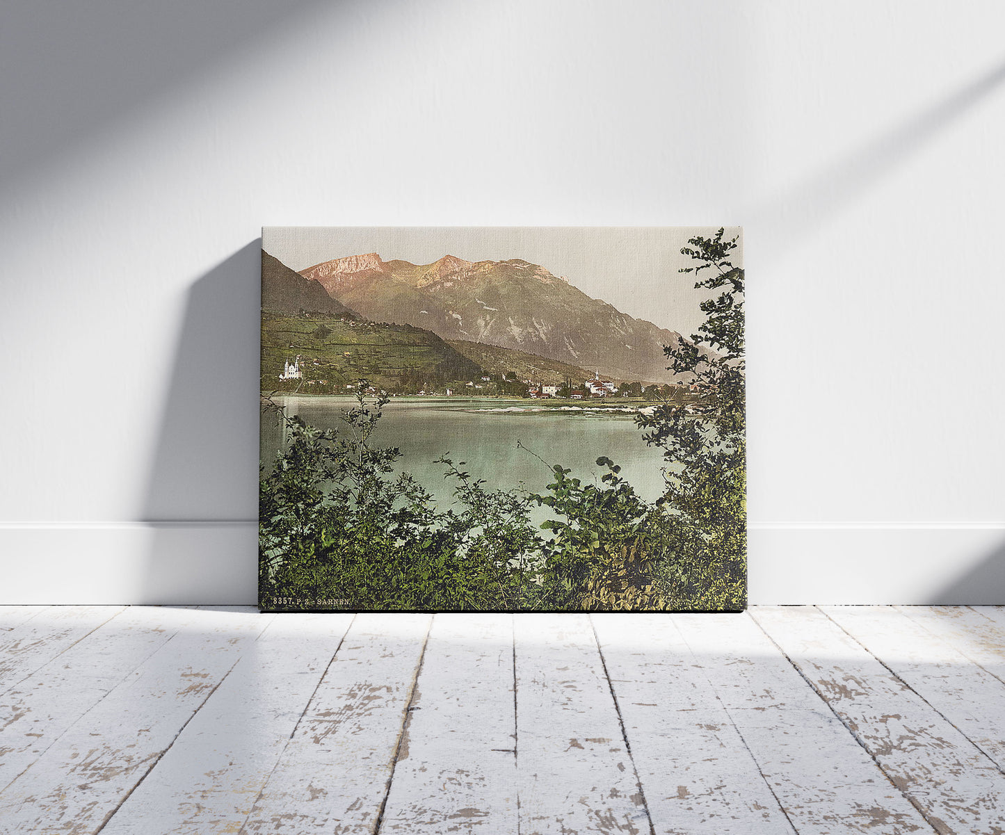 A picture of Sarnen, general view, Switzerland, a mockup of the print leaning against a wall