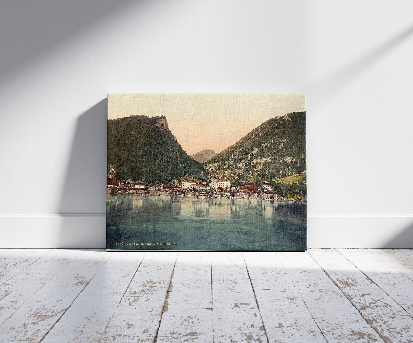A picture of Sarningstein, (i.e., Sarmingstein), Lower Austria, Austro-Hungary, a mockup of the print leaning against a wall