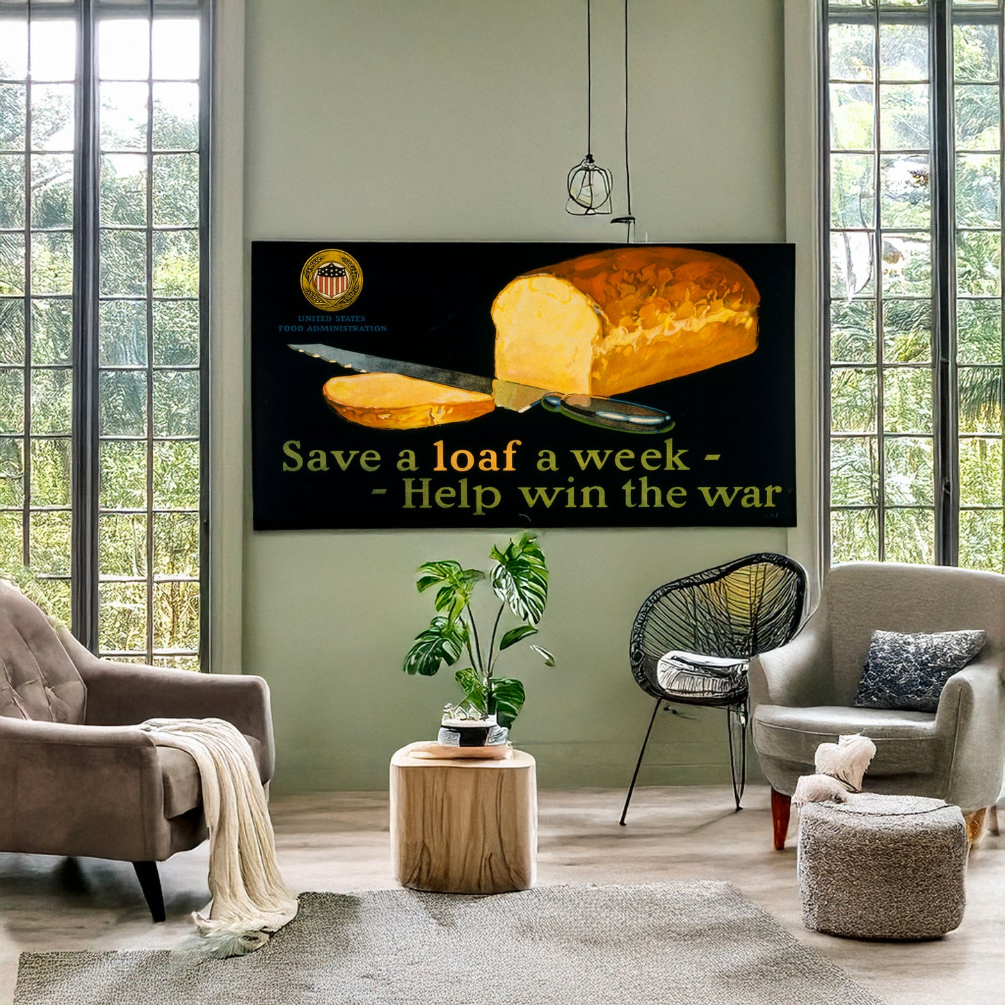 A picture of Save a loaf a week - help win the war, a mockup of the print leaning against a wall