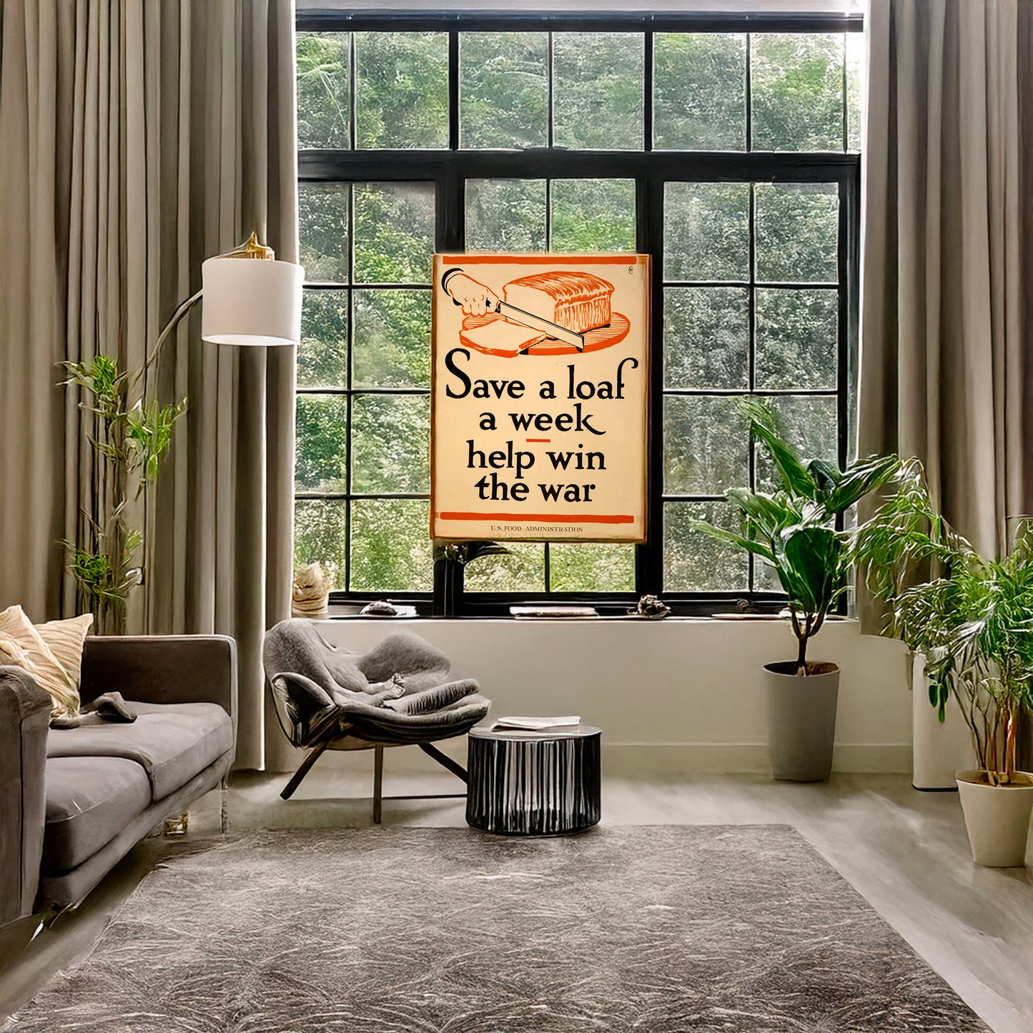 A picture of Save a loaf a week - help win the war, a mockup of the print leaning against a wall