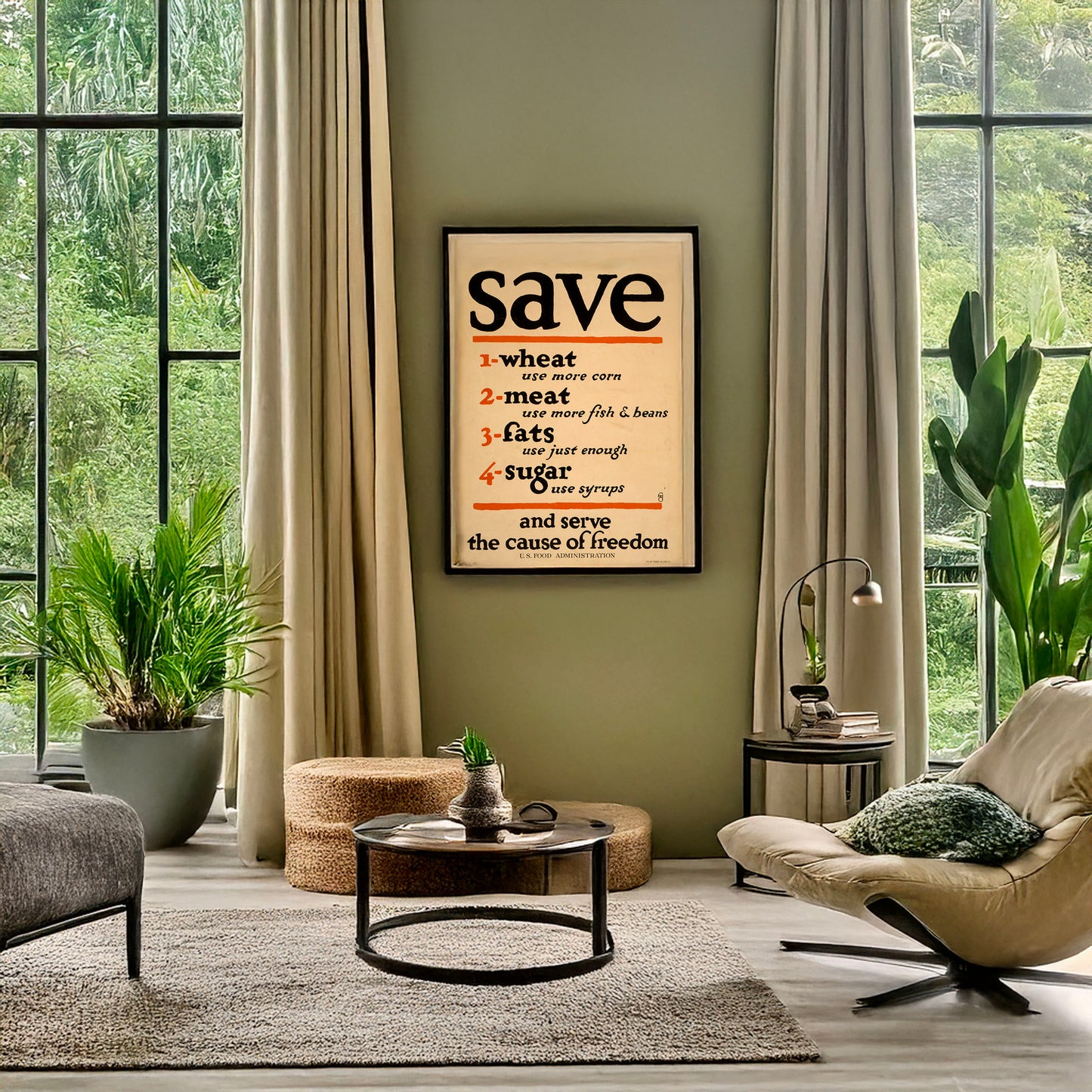 A picture of Save ... and serve the cause of freedom, a mockup of the print leaning against a wall