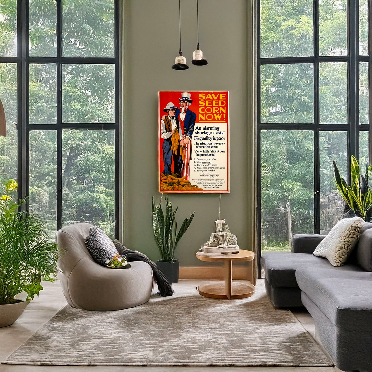 A picture of Save seed corn now!, a mockup of the print leaning against a wall