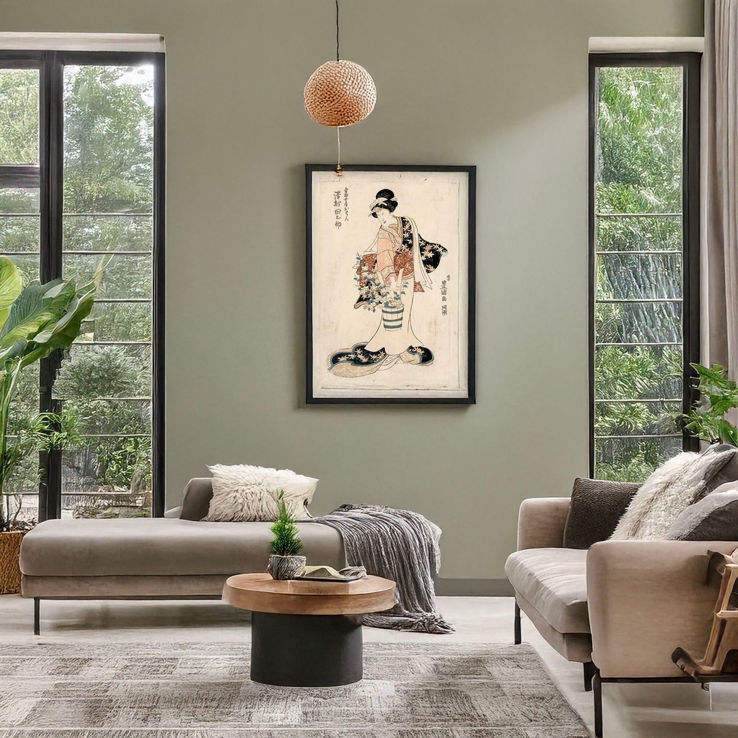 A picture of Sawamura Tanosuke no Yūsuke nyōbō Osen, a mockup of the print leaning against a wall