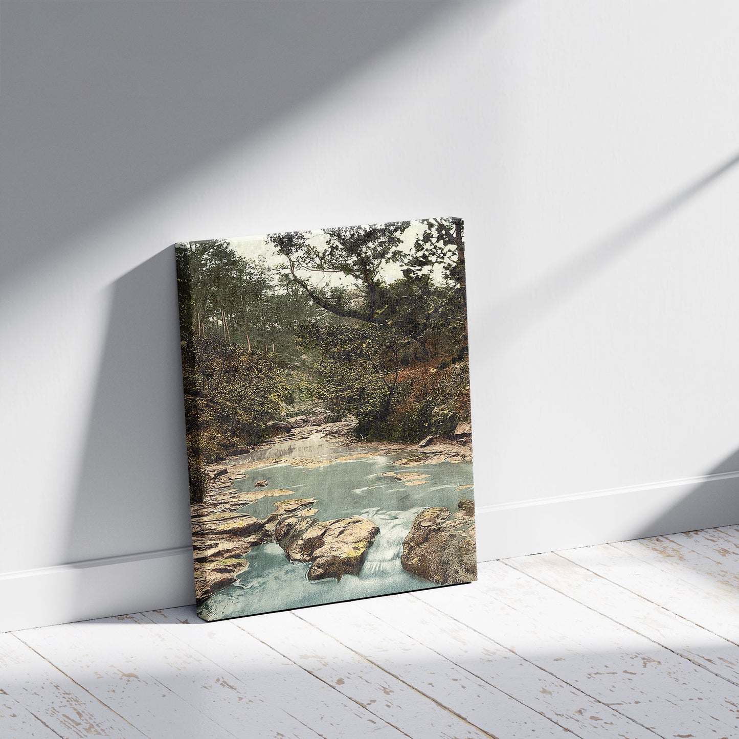 A picture of Scarborough, Hayburn Wyke, Yorkshire, England, a mockup of the print leaning against a wall