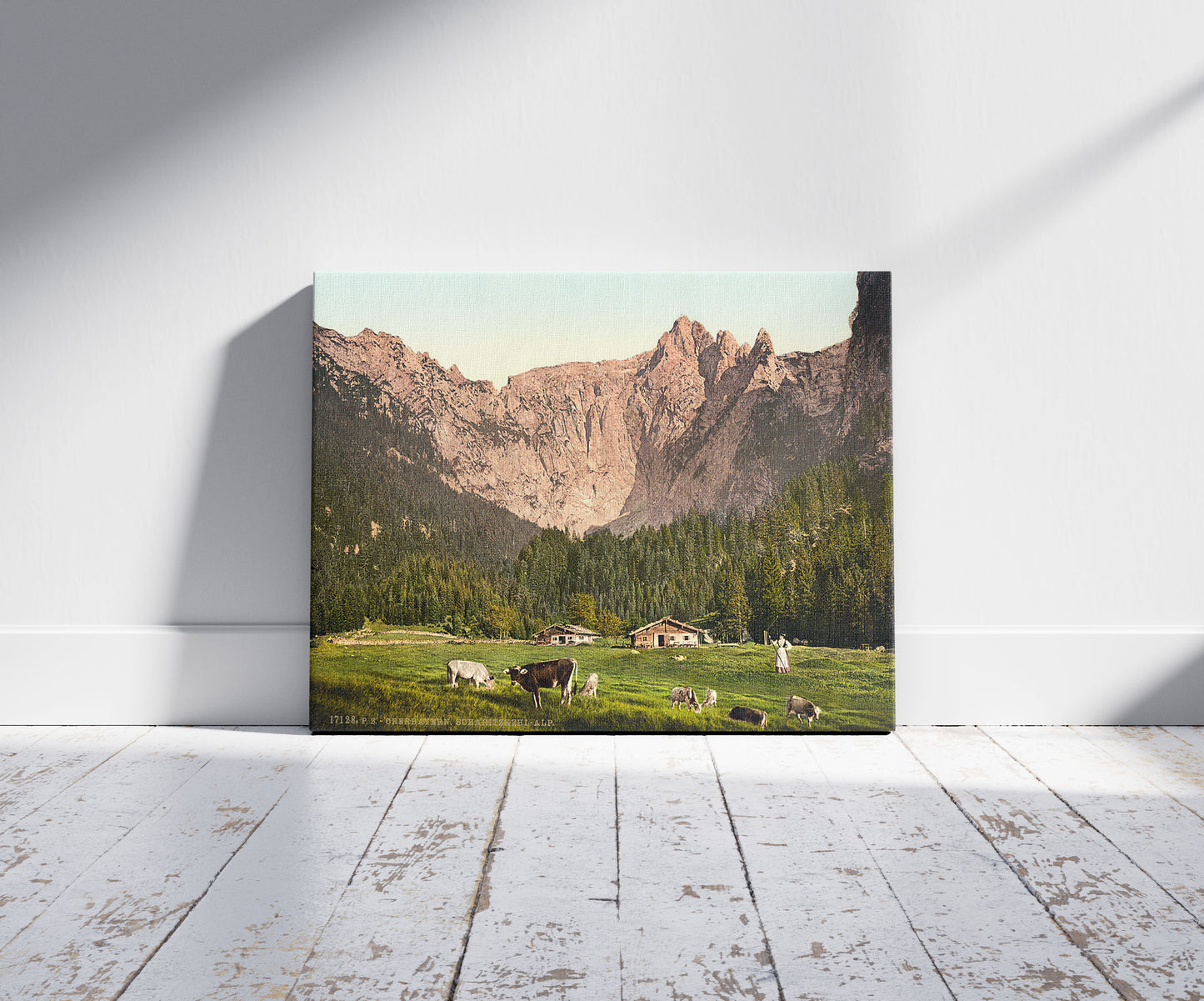 A picture of Scharitzkehl-Alp, Upper Bavaria, Germany, a mockup of the print leaning against a wall