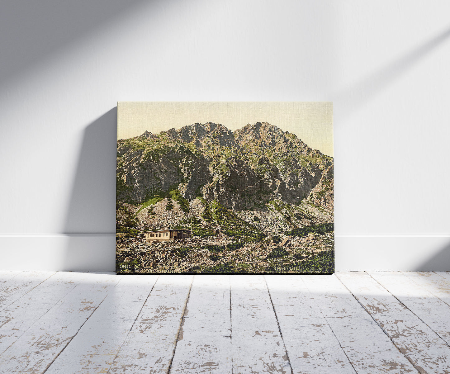 A picture of Schlesierhaus and Gerlsdorfer Spitze, Tatra, Austro-Hungary, a mockup of the print leaning against a wall
