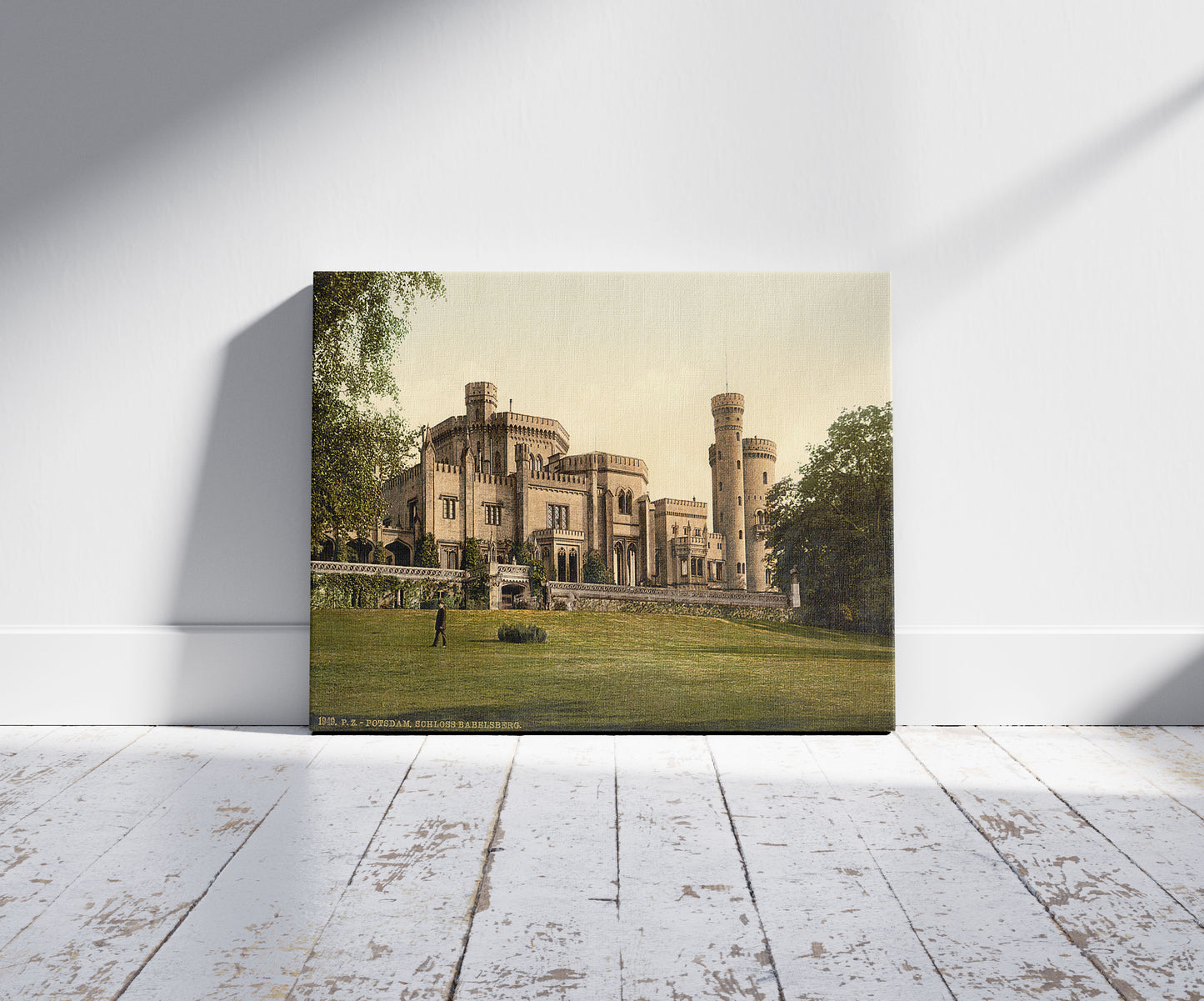 A picture of Schloss Babelsberg, Potsdam, Berlin, Germany, a mockup of the print leaning against a wall