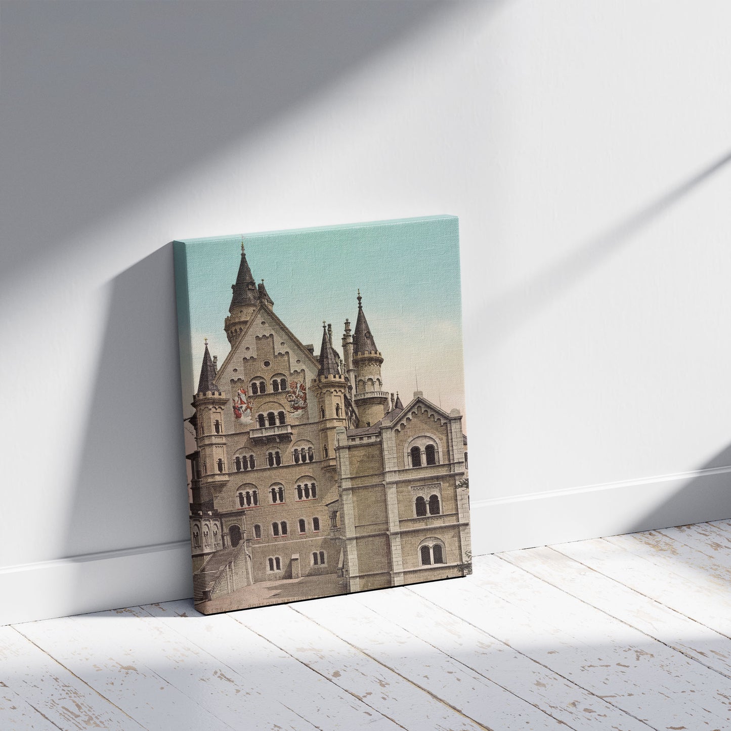 A picture of Schloss Neuschwanstein. Aeussere Ansicht vom Torbau Aus, a mockup of the print leaning against a wall