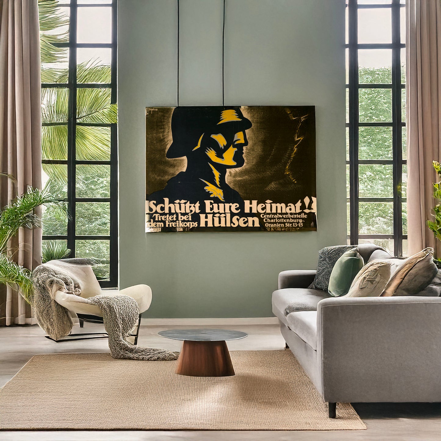 A picture of Schütz eure Heimat! Tretet bei dem Freikorps Hülsen, a mockup of the print leaning against a wall