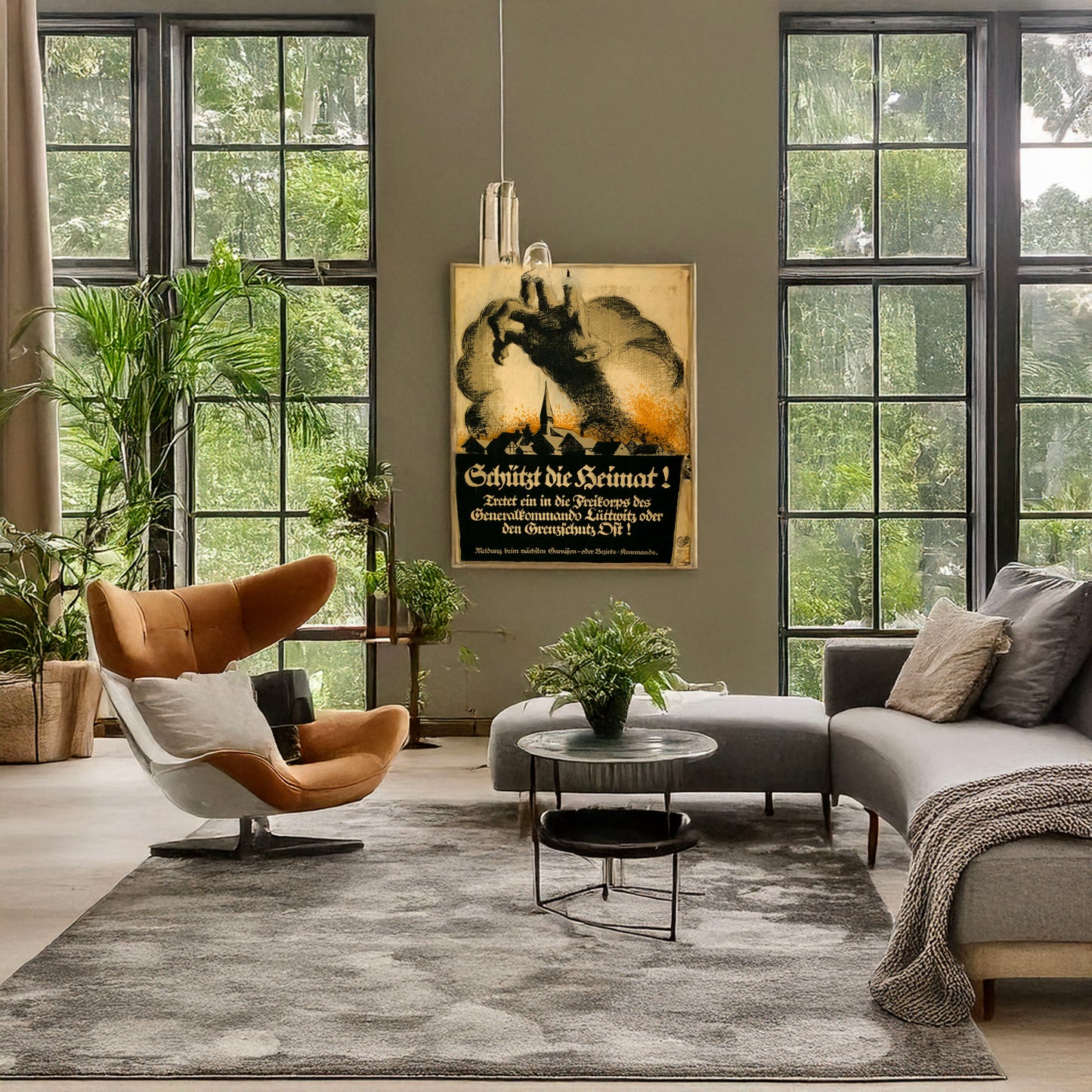 A picture of Schützt die Heimat!, a mockup of the print leaning against a wall