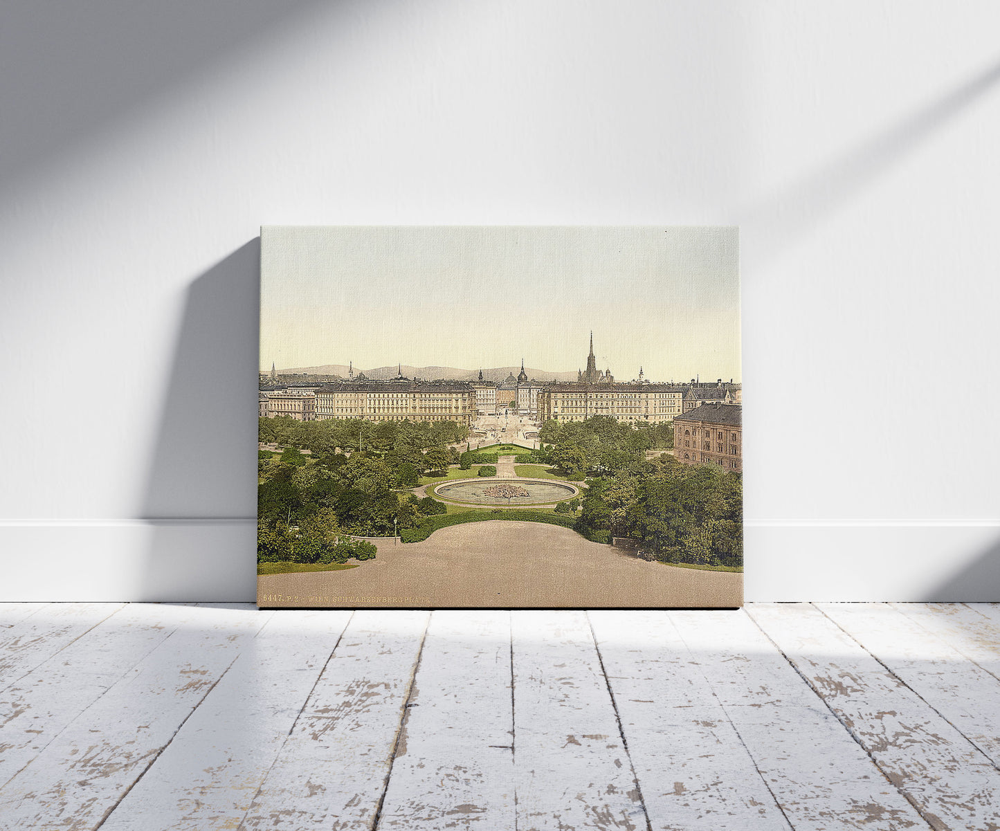 A picture of Schwarzenberg Place, Vienna, Austro-Hungary, a mockup of the print leaning against a wall