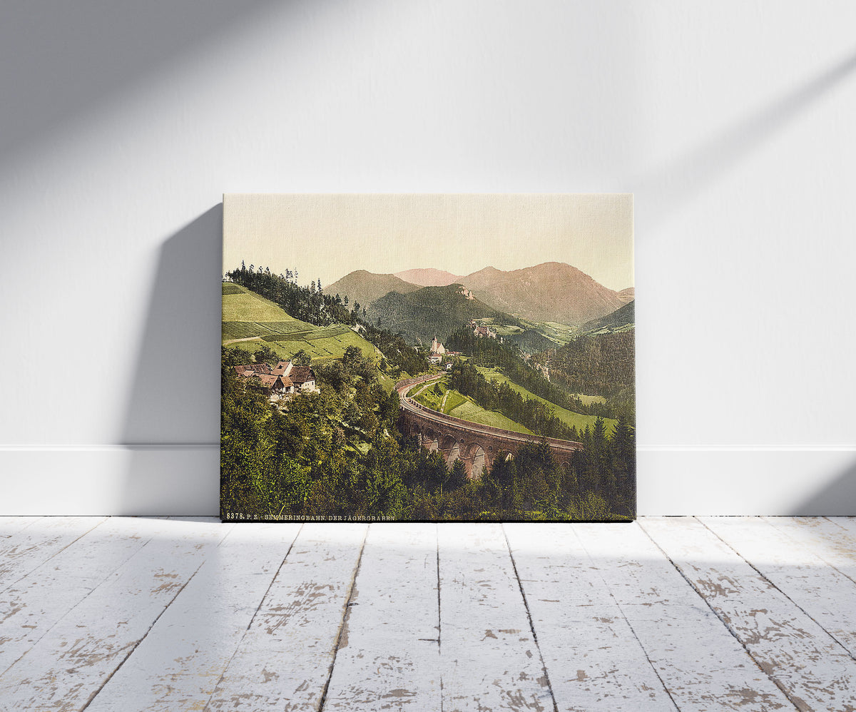 A picture of Semmering Railway, Der Jägergraben, Styria, Austro-Hungary, a mockup of the print leaning against a wall