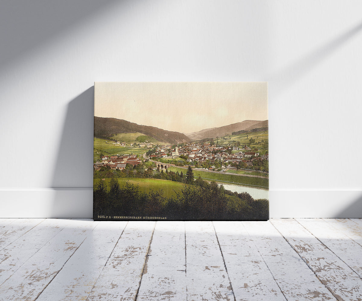 A picture of Semmering Railway, Murzzschlag (i.e., Mürrzzuschlag), Styria, Austro-Hungary, a mockup of the print leaning against a wall