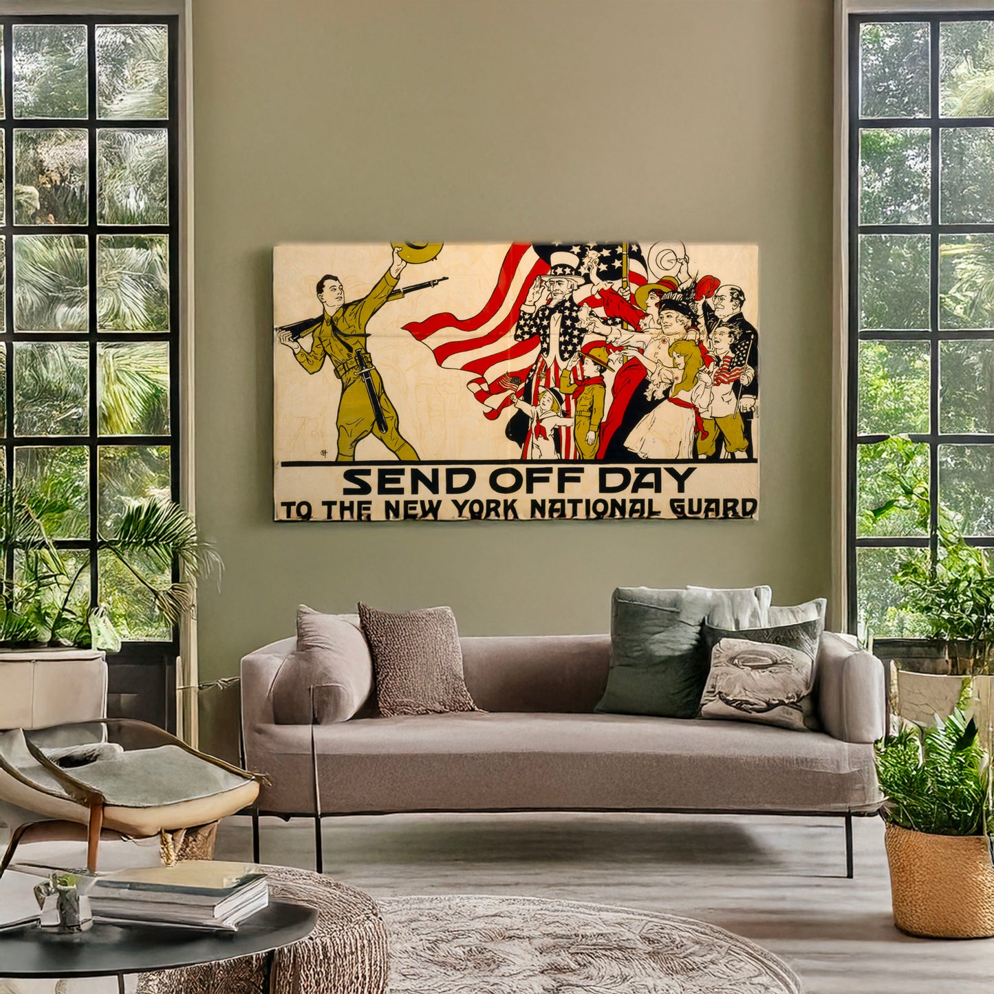 A picture of Send off day to the New York National Guard, a mockup of the print leaning against a wall
