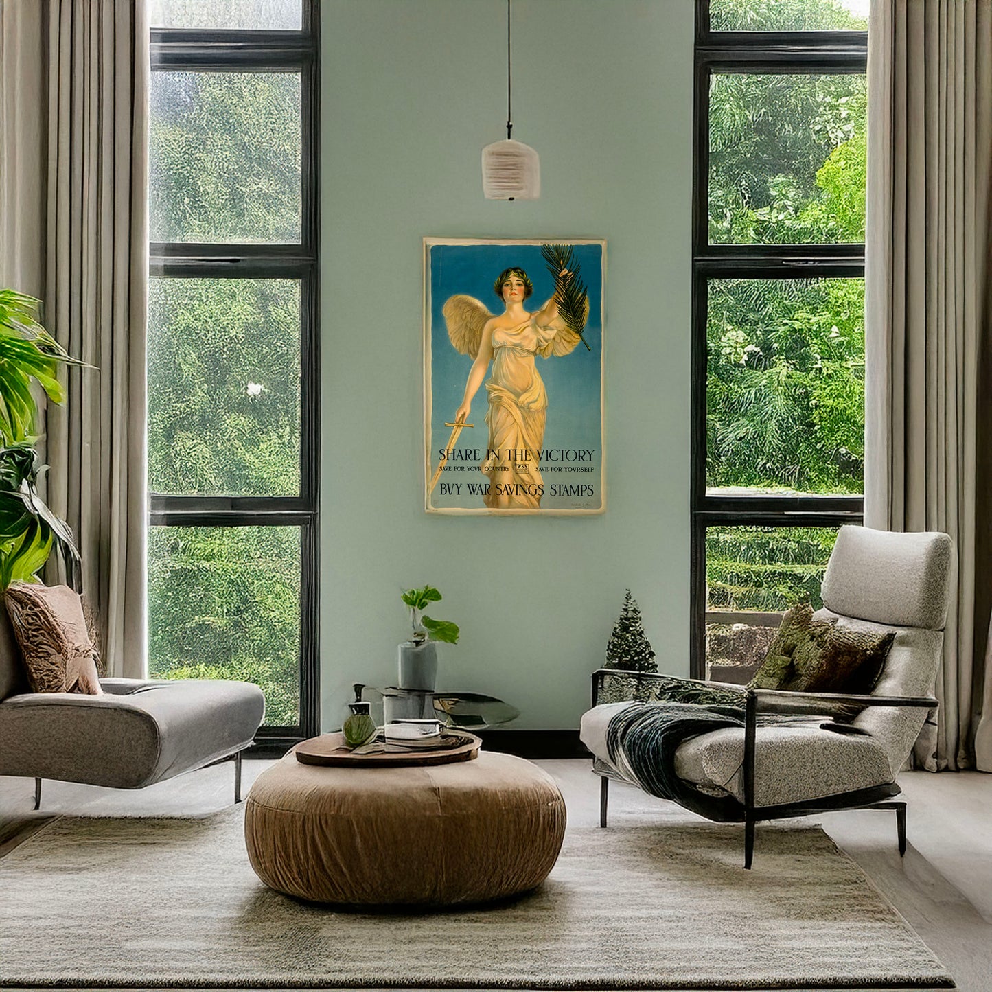 A picture of Share in the victory--Save for your country--Save for yourself--Buy War Savings Stamps, a mockup of the print leaning against a wall