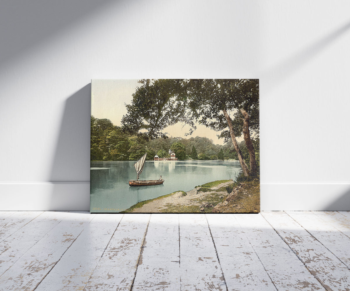 A picture of Sharpham on the Dart, Dartmouth, England, a mockup of the print leaning against a wall