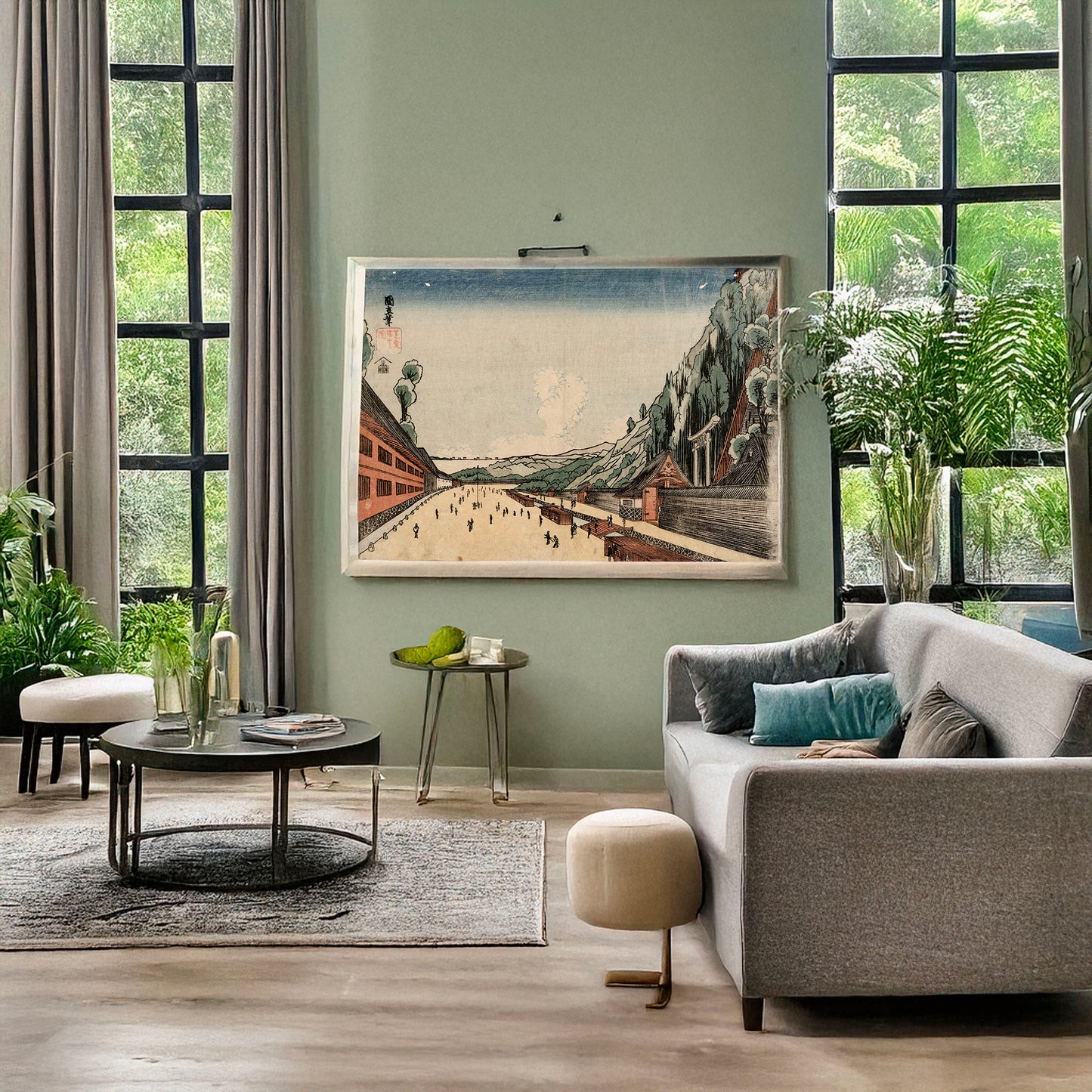 A picture of Shiba atagoyama no zu, a mockup of the print leaning against a wall