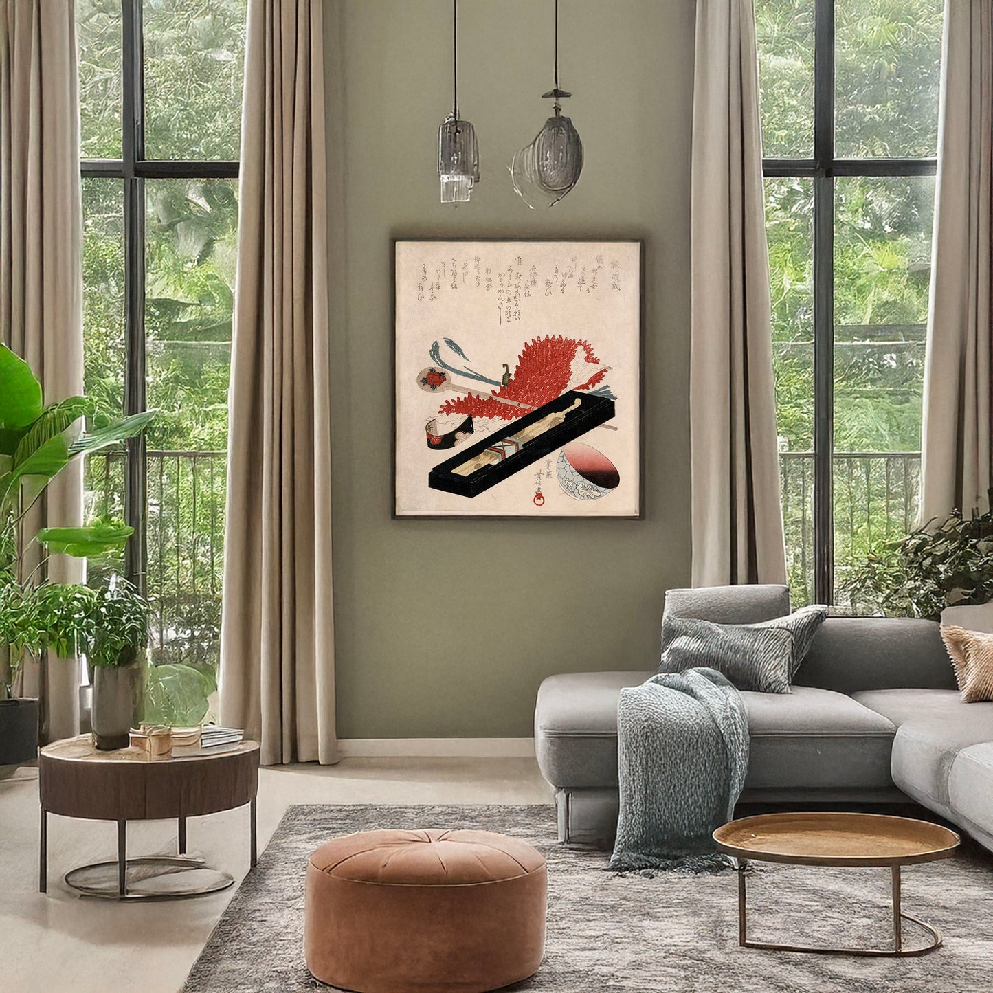 A picture of Shibori kanzashi benichoku, a mockup of the print leaning against a wall