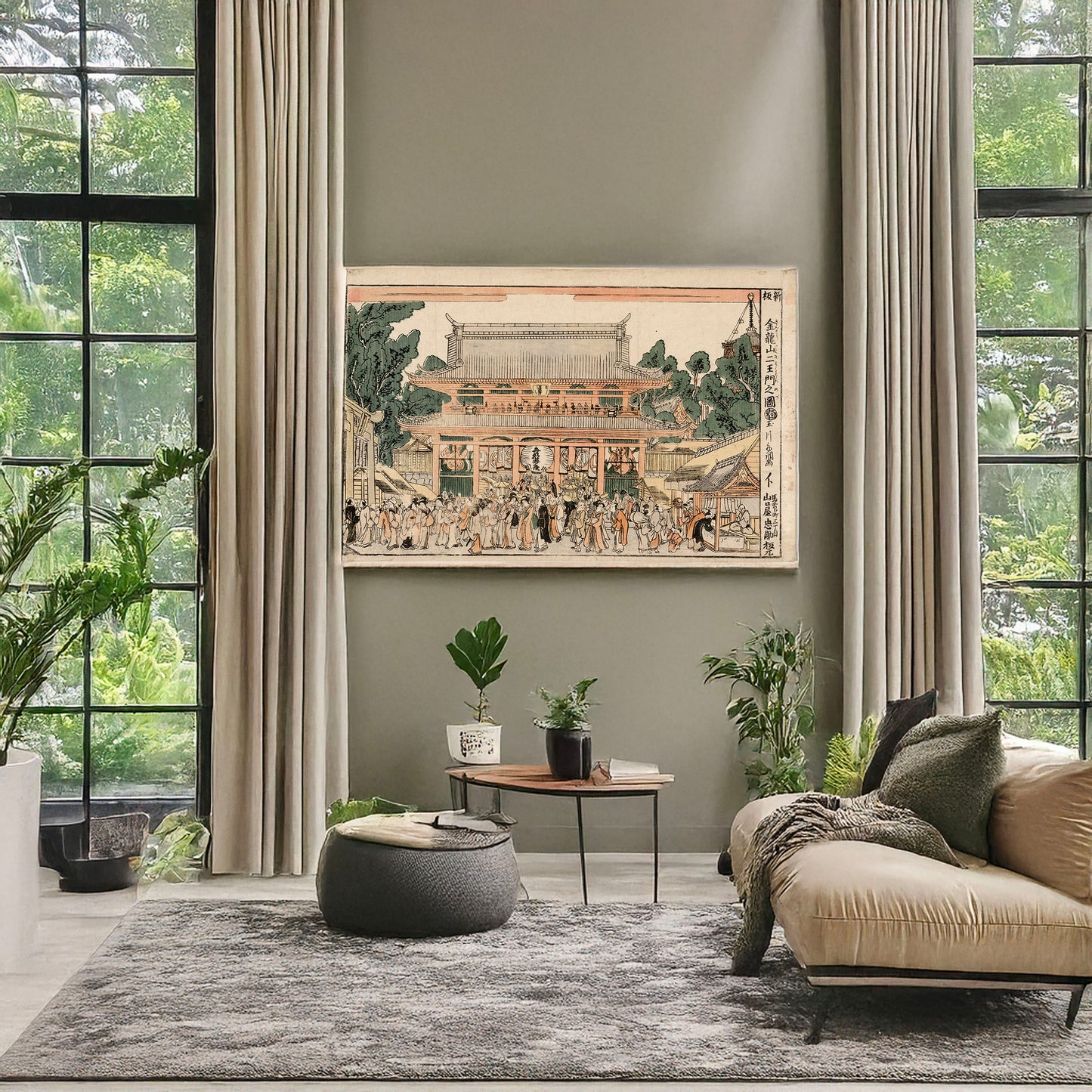 A picture of Shinpan kinryūsan niōmon no zu, a mockup of the print leaning against a wall