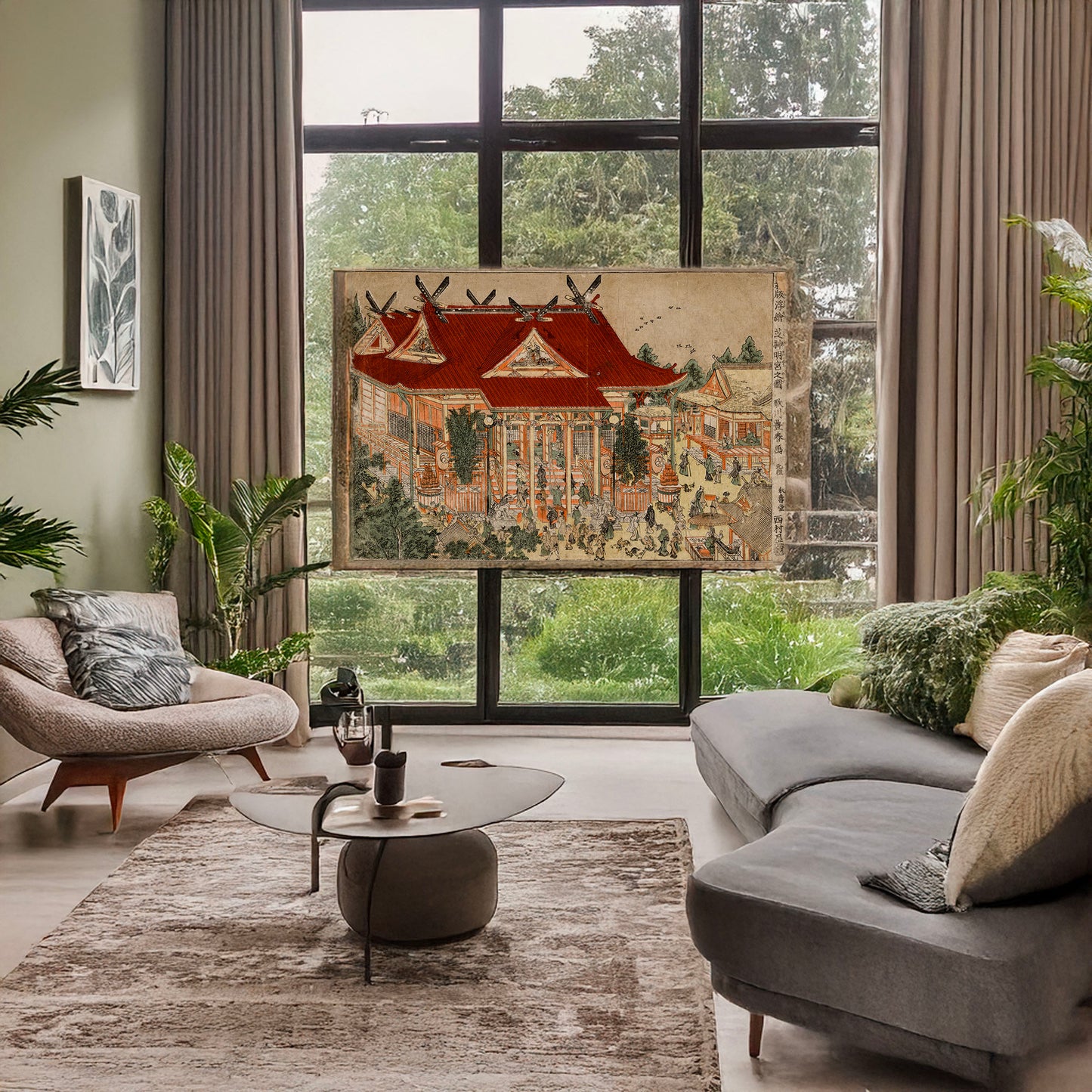 A picture of Shinpan ukie shiba shinmeigū no zu, a mockup of the print leaning against a wall