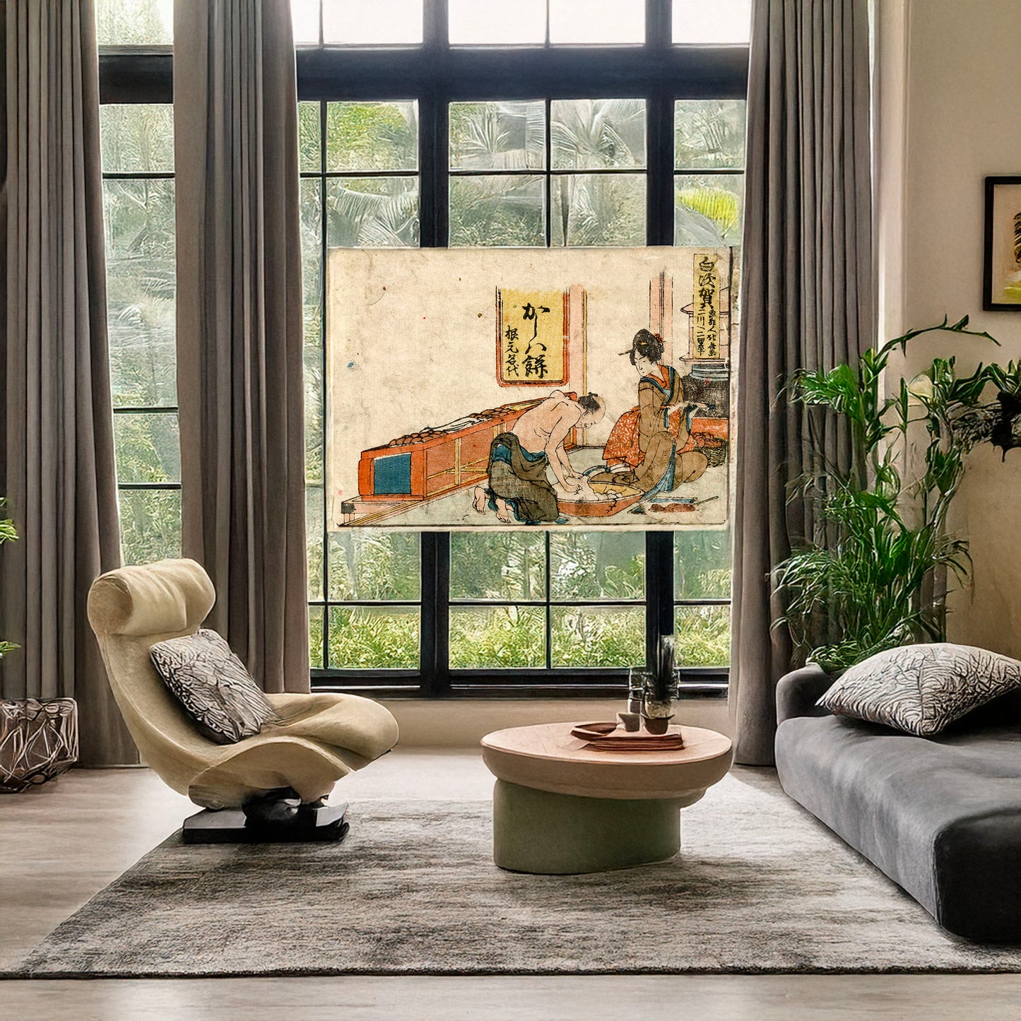A picture of Shirasuka, a mockup of the print leaning against a wall