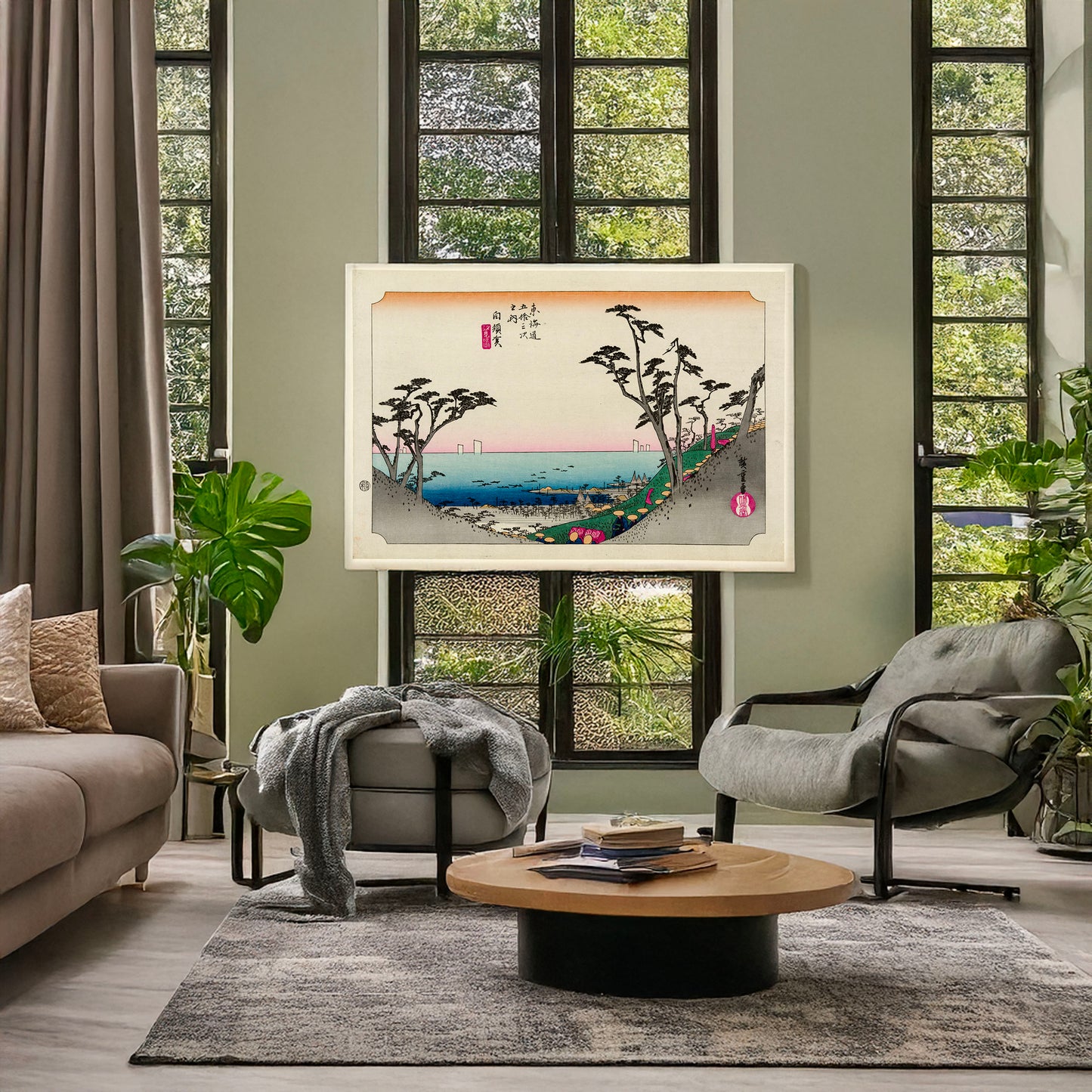 A picture of Shirasuka, a mockup of the print leaning against a wall
