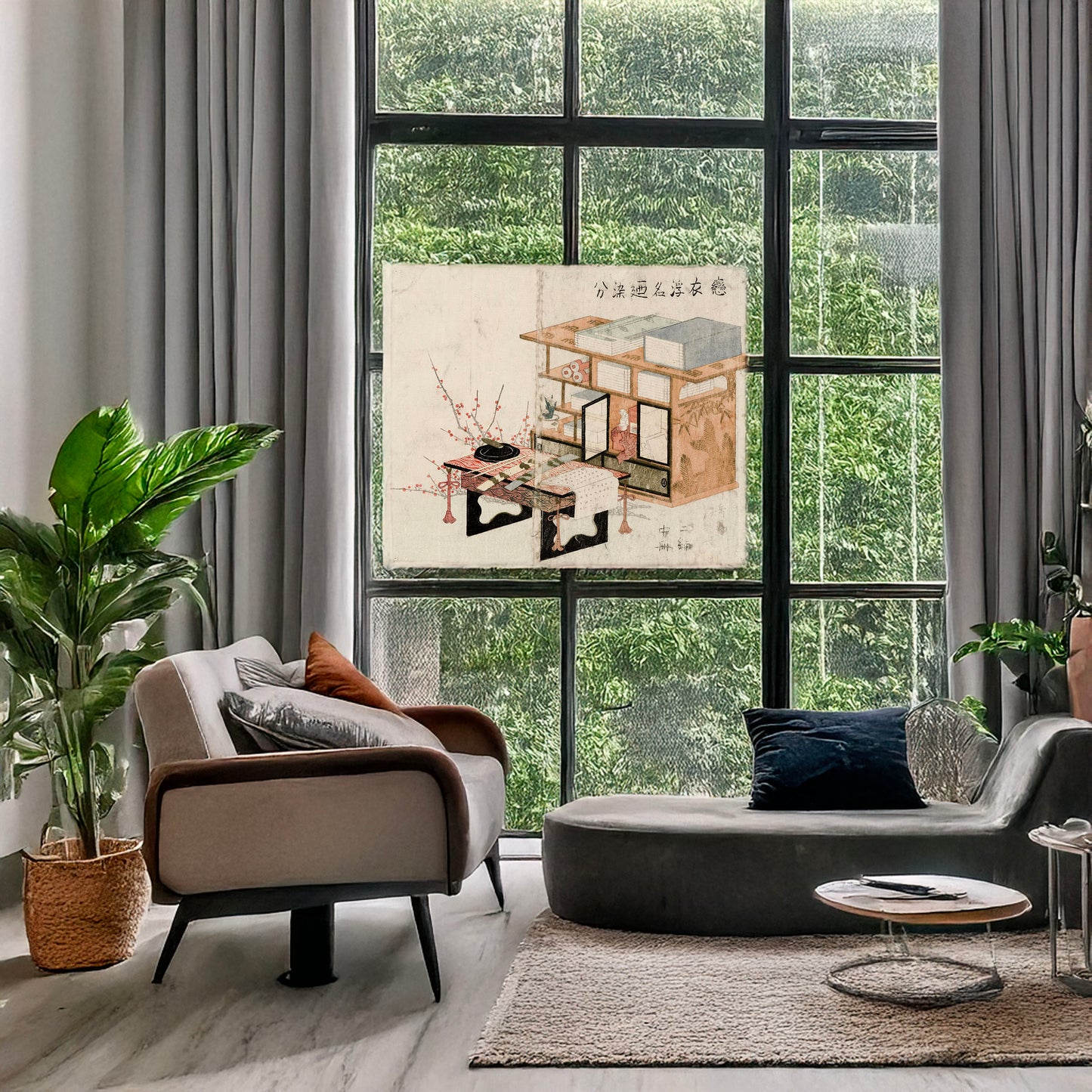 A picture of Shodana to fuzukue to ume, a mockup of the print leaning against a wall