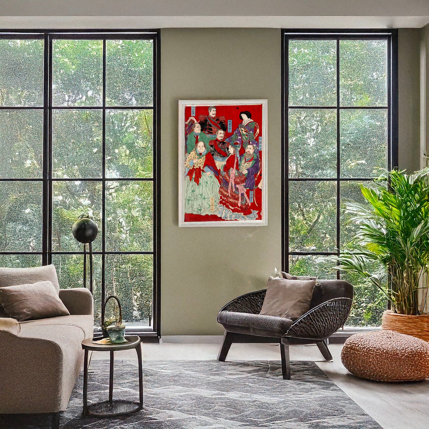 A picture of Shokoku kokuō zu, a mockup of the print leaning against a wall