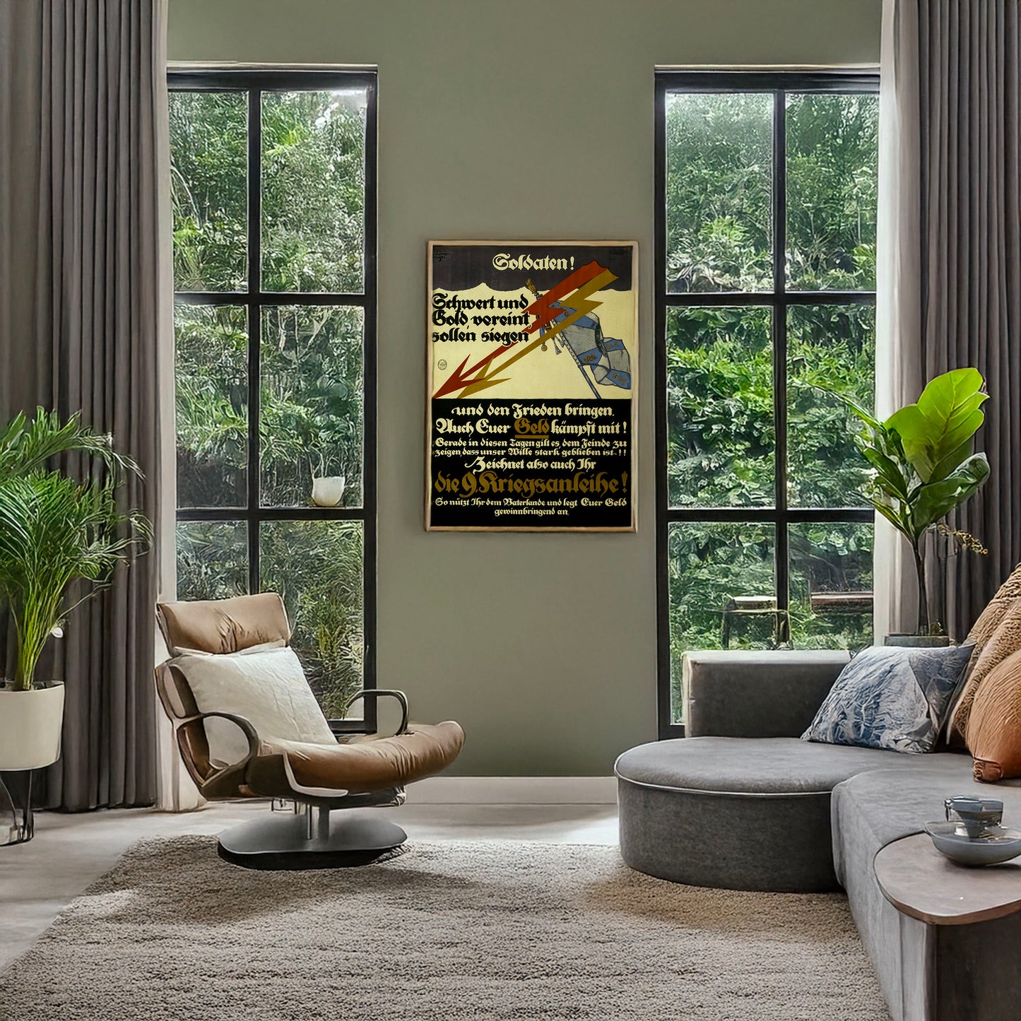 A picture of Soldaten! Schwert und Gold vereint sollen siegen und den Frieden bringen. Auch Euer Geld kämpft mit! ... Zeichnet also auch Ihr die 9. Kriegsanleihe!, a mockup of the print leaning against a wall