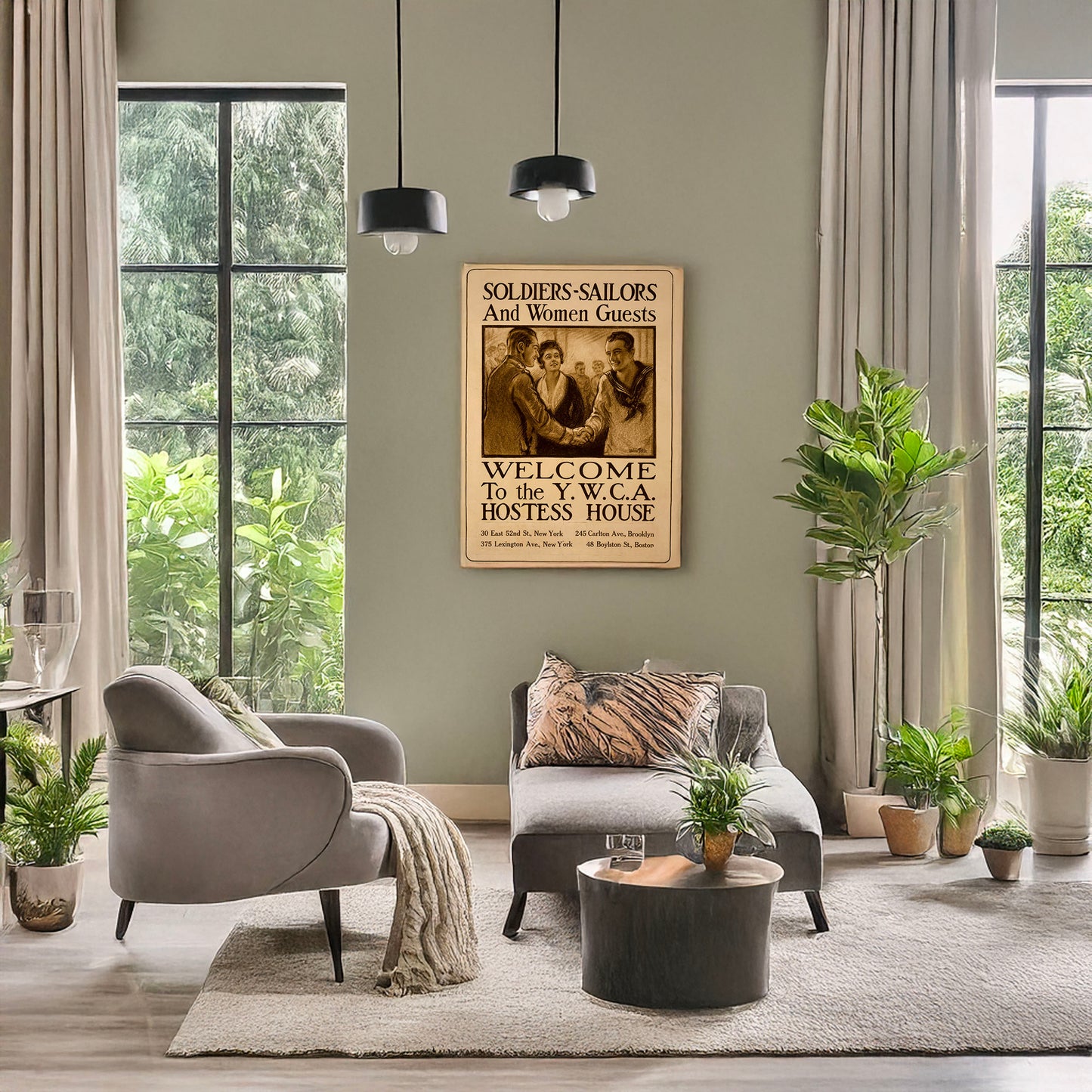 A picture of Soldiers-sailors and women guests - Welcome to the Y.W.C.A. hostess house, a mockup of the print leaning against a wall