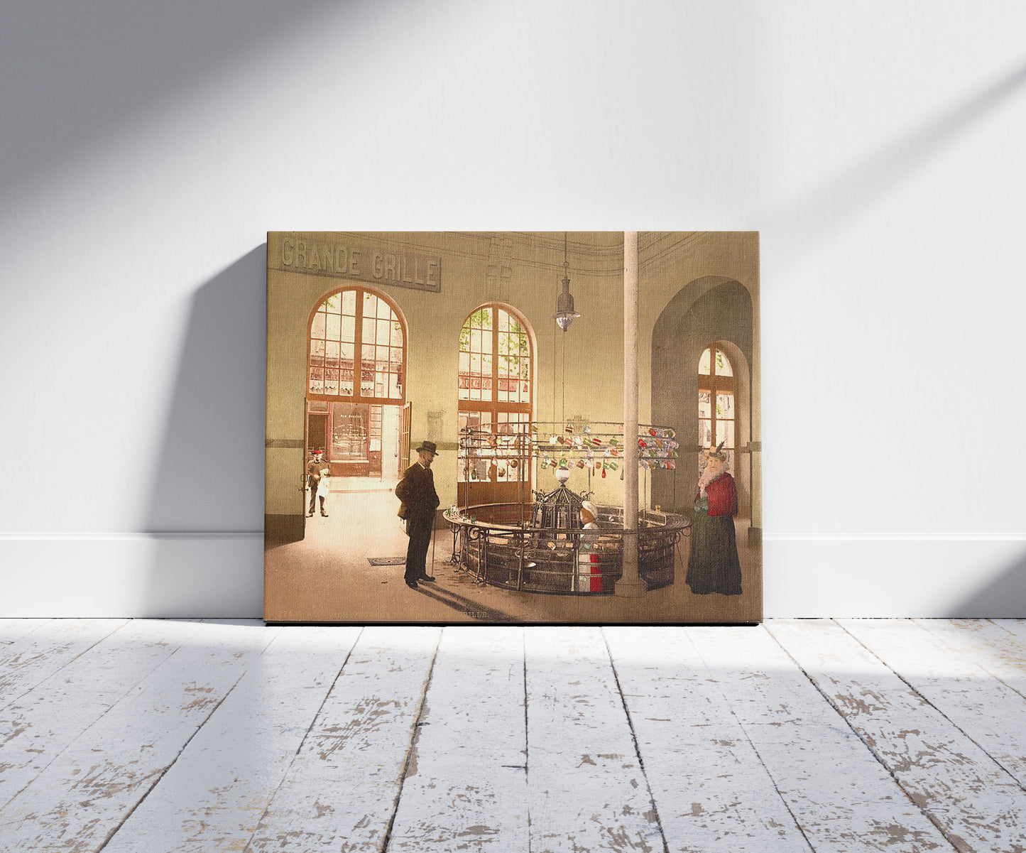 A picture of Source de la Grande Grille, (drink hall), Vichy, France, a mockup of the print leaning against a wall